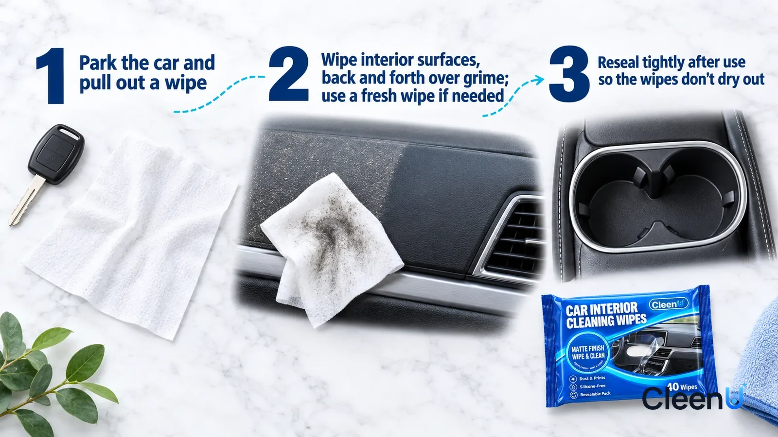 Illustration: CleenU Car Interior Cleaning Wipes — an overhead shot straight down onto a light marble tabletop, no hands: (1) a just-pulled