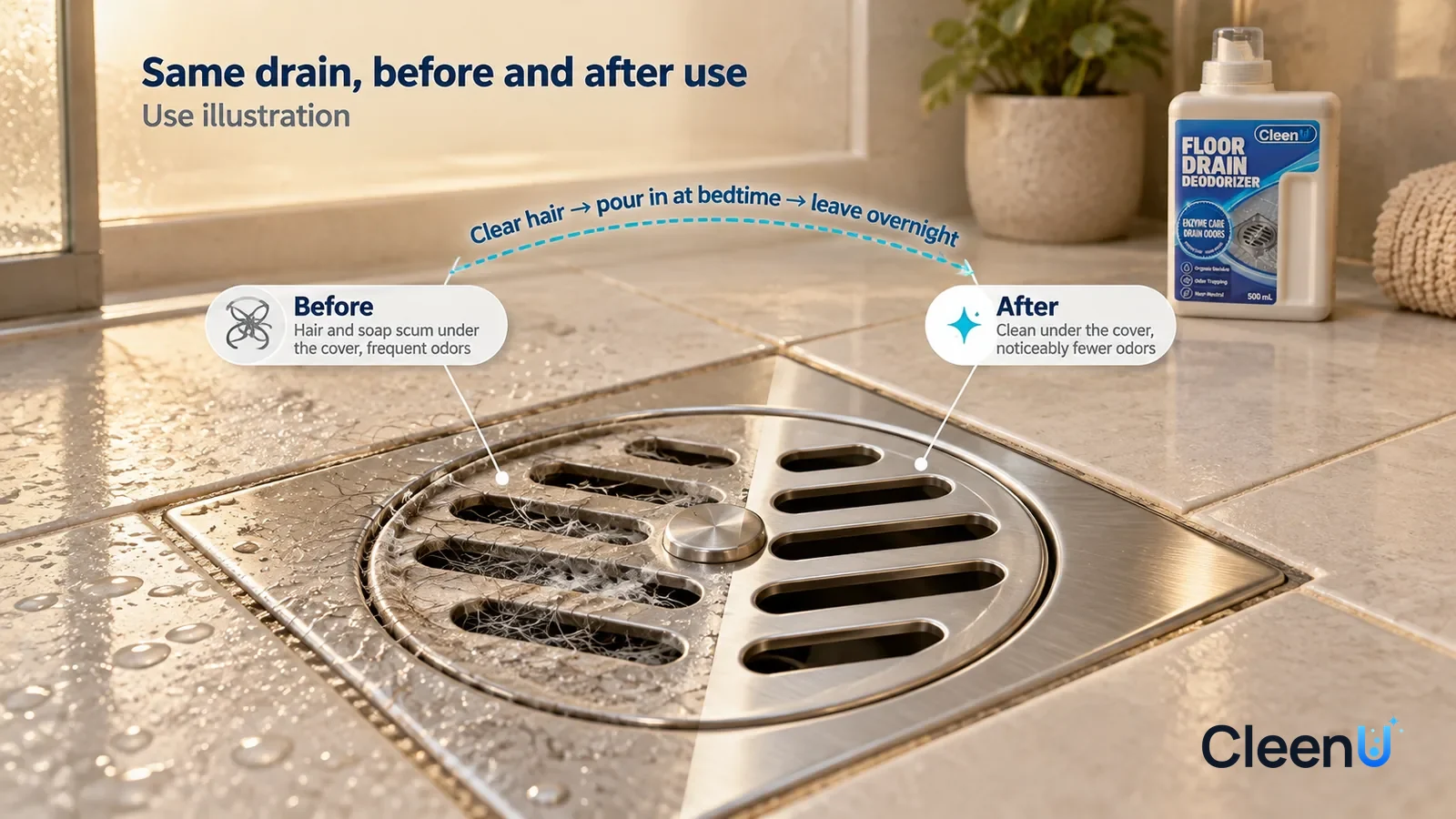 Illustration: CleenU Floor Drain Deodorizer — A full-screen low-angle close-up of a square stainless-steel shower drain and the light-colored tile around it