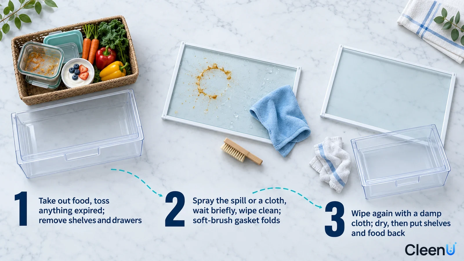 Illustration: A food basket, drawers, spill-marked glass samples and blue cloth with numbered steps.