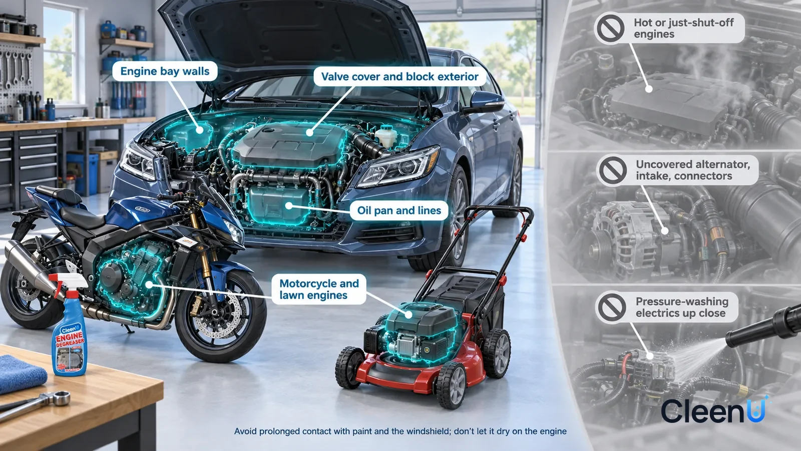 Illustration: CleenU Engine Degreaser — A realistic 3D cutaway of a bright home garage and tool room, one continuous space from one viewpoint