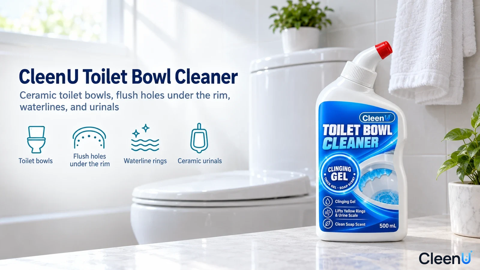 Illustration: A white angled-neck bottle beside a bathroom toilet with use icons.