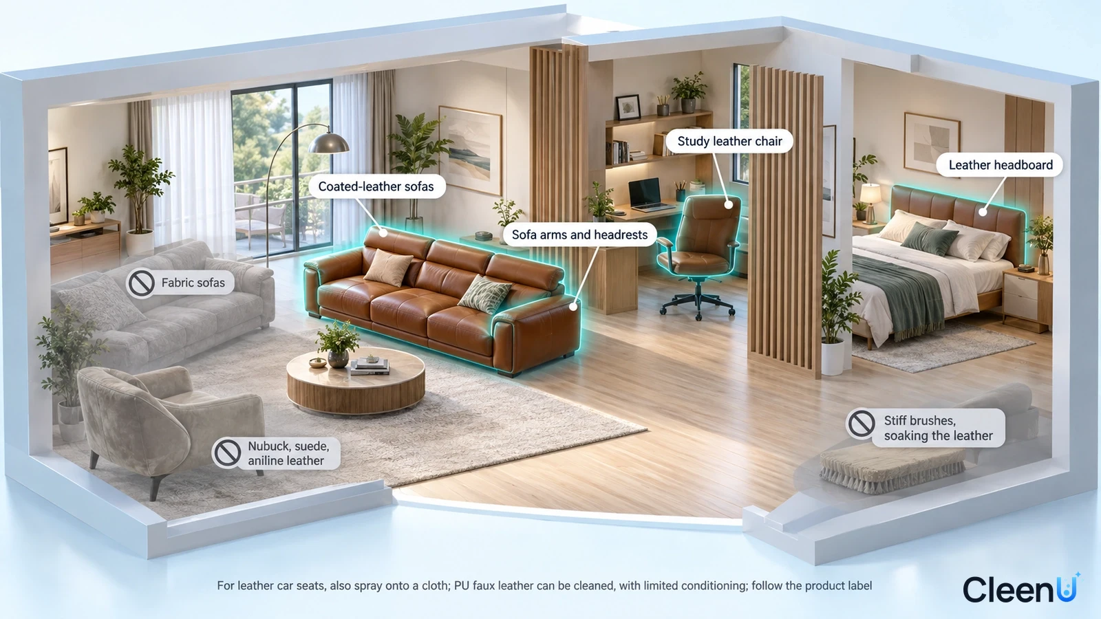 Illustration: Highlighted leather sofas, chairs and upholstery beside material precautions.