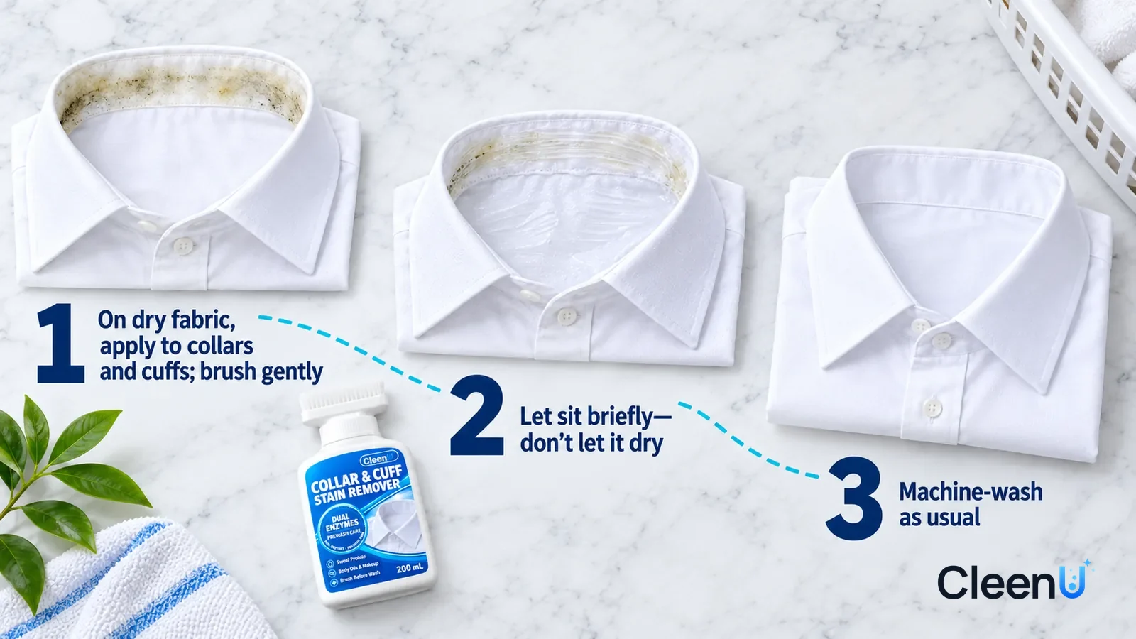 Illustration: CleenU Collar & Cuff Stain Remover — an overhead shot straight down onto a light marble tabletop, no hands: (1) a dry white shirt laid flat