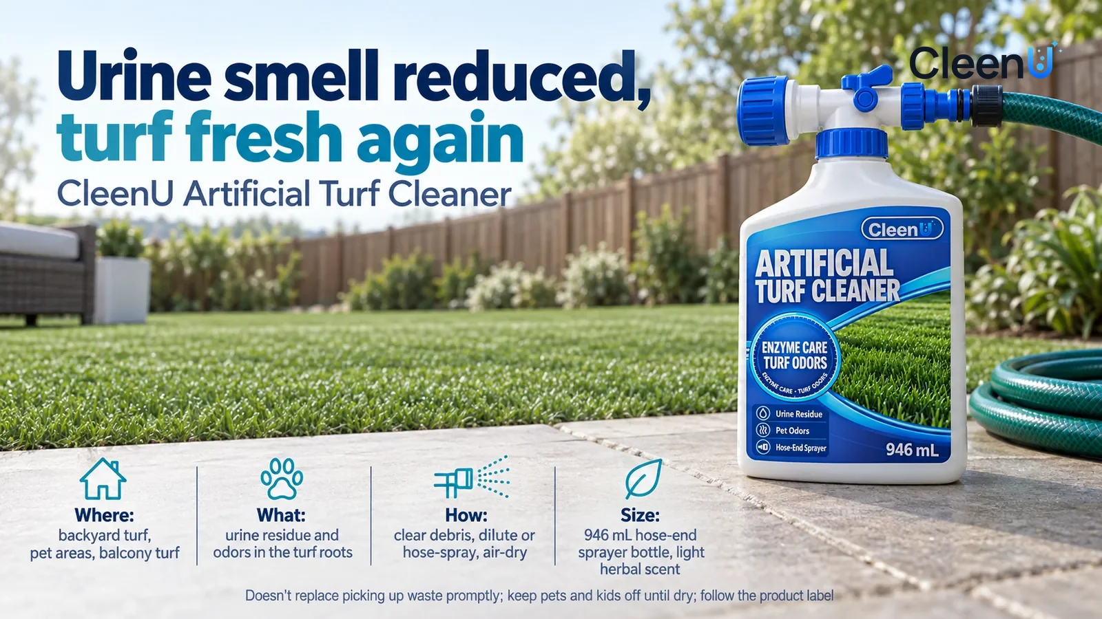 Illustration: CleenU Artificial Turf Cleaner stands in the right third of the frame on the backyard stone path, a coiled green garden hose beside it, clean Headline: "Urine smell reduced, turf fresh a