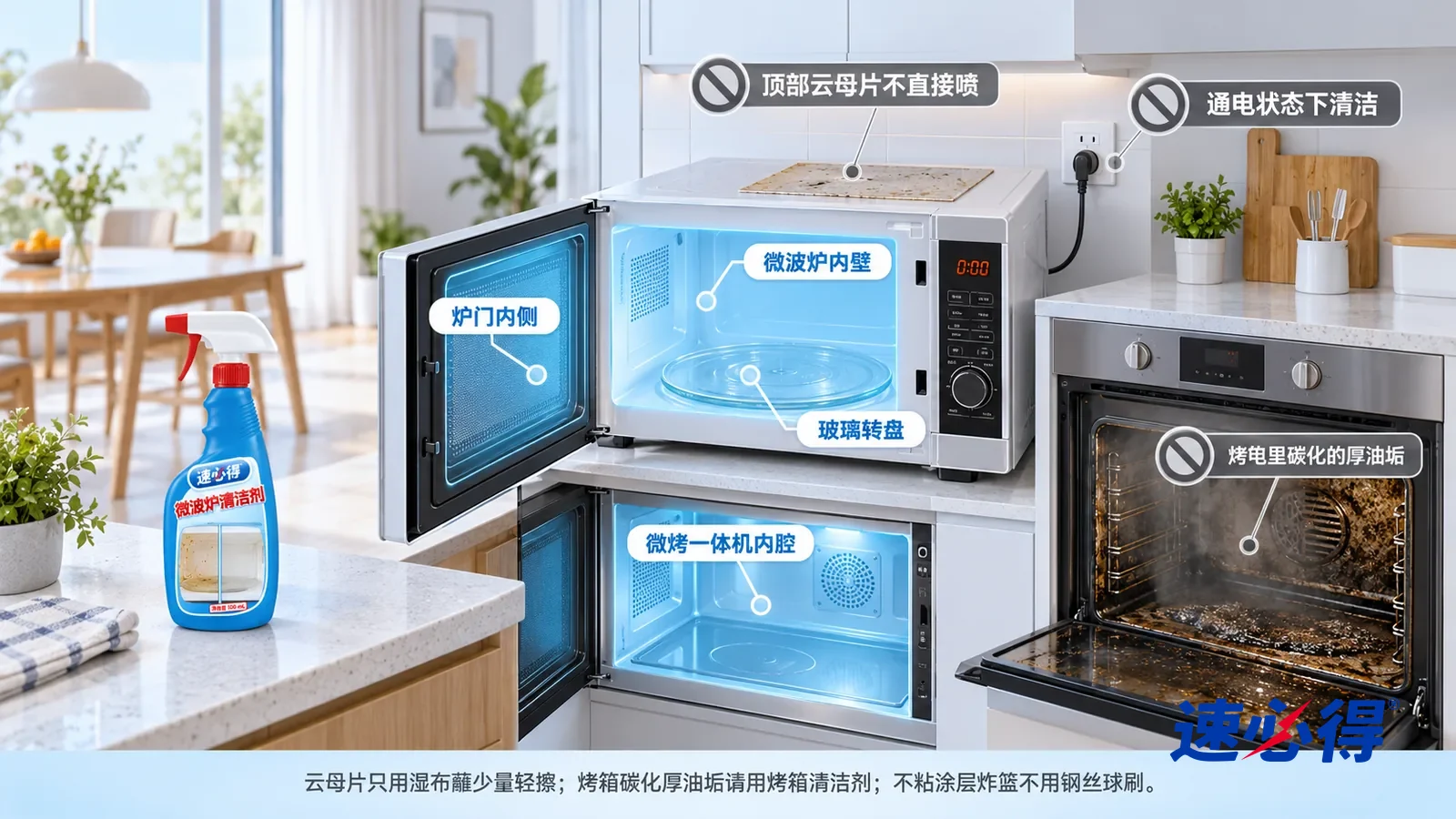 示意图:速必得微波炉清洁剂——一张写实 3D 剖面实景图,一套明亮的家的厨房和餐厅区域,连续空间、一个视角,不出现瓶子:微波炉内壁、玻璃转盘