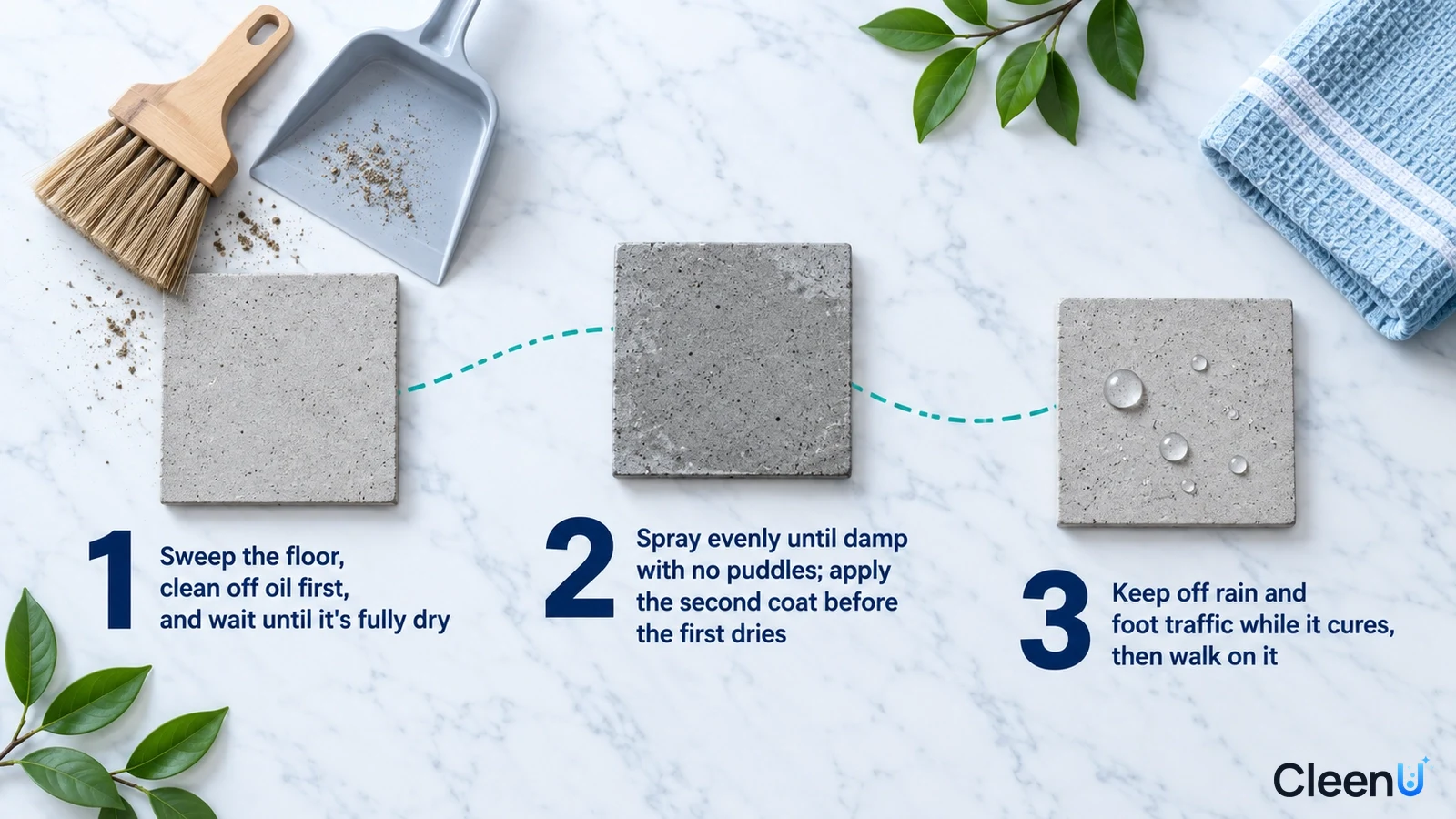 Illustration: Concrete samples, a hand brush, dustpan and water beads with numbered steps.