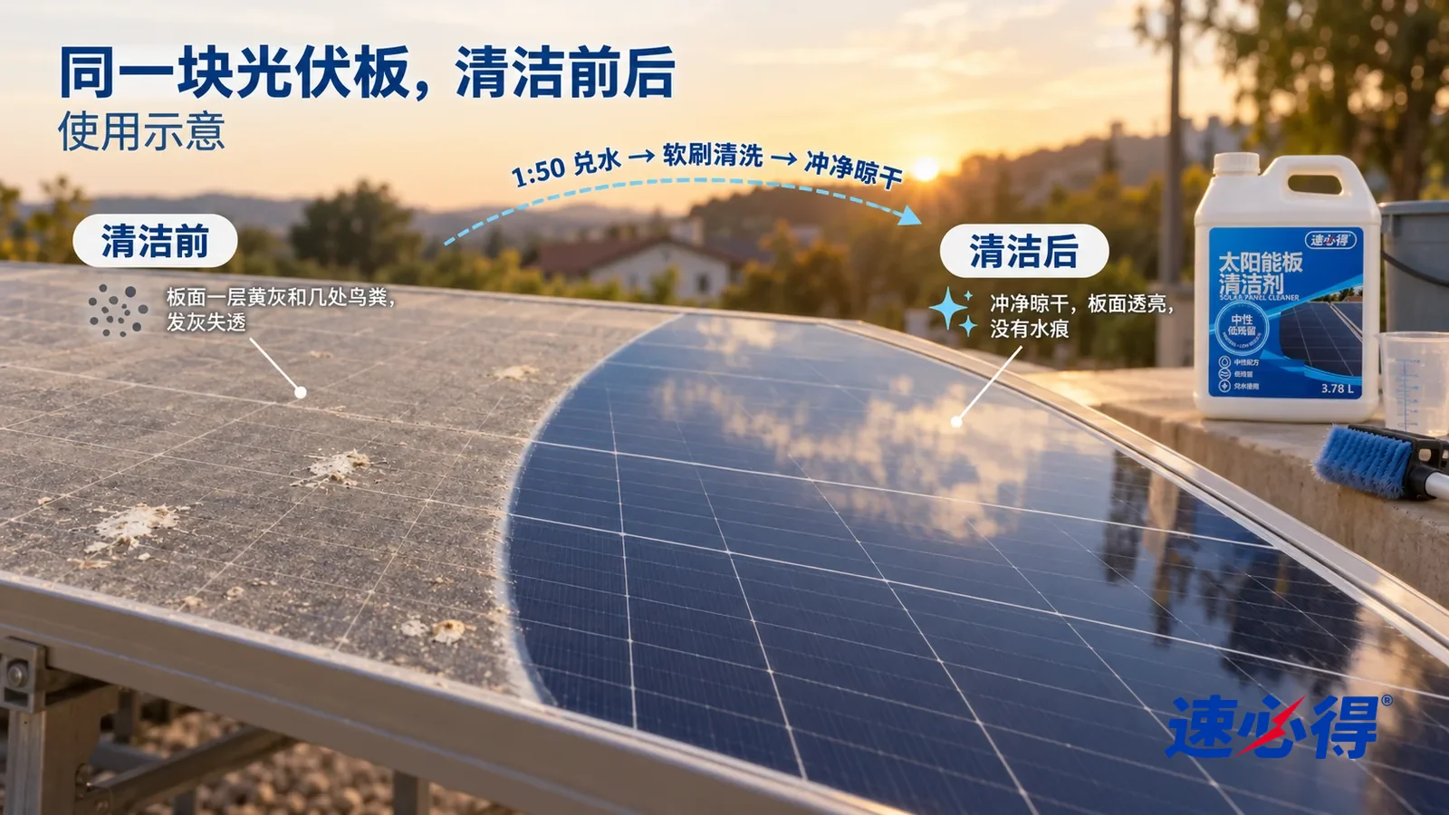 示意图：速必得太阳能板清洁剂——右侧/处理后样件已经处理完并放在旁边，污垢已完全清除、没有一点残留或淡痕；保留材质自然质感