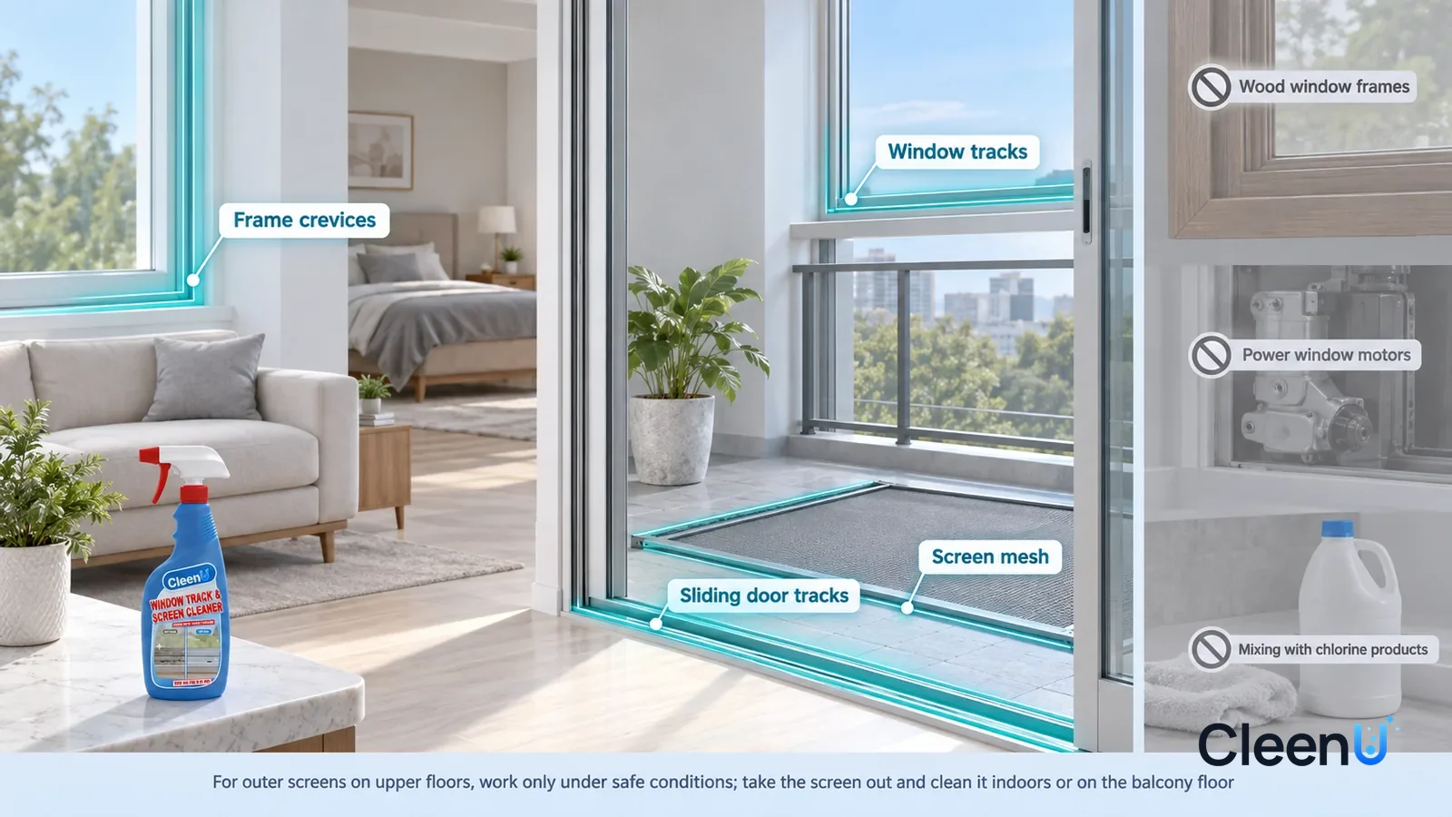 Illustration: CleenU Window Track & Screen Cleaner — A realistic 3D cutaway of a bright home's living room, bedroom, and balcony, one continuous space from one viewpoint