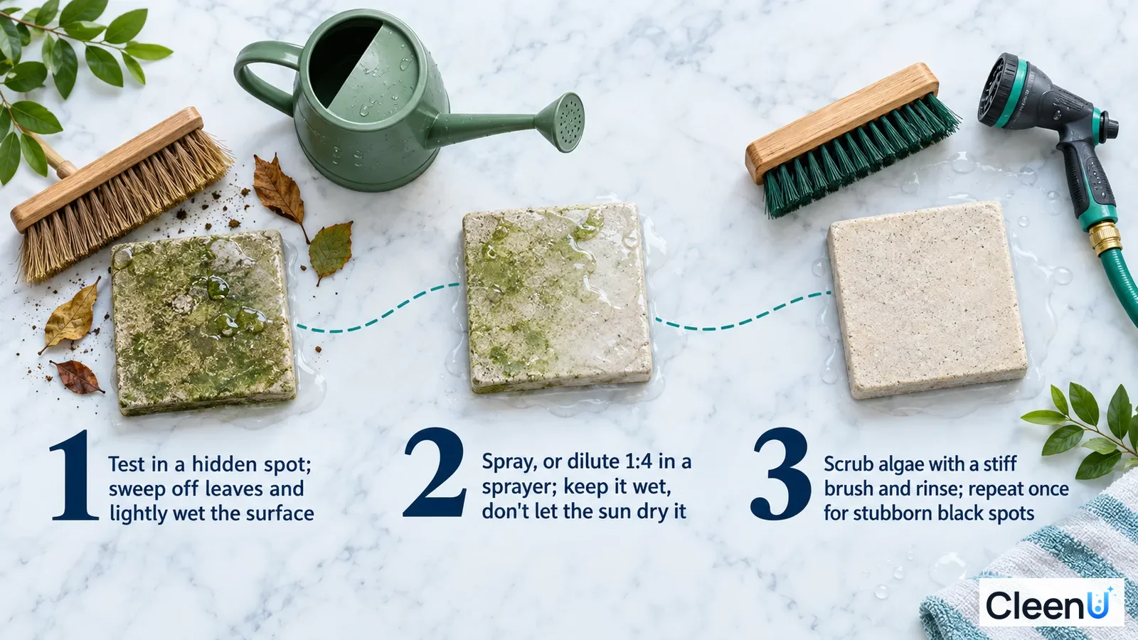 Illustration: Algae-marked paver samples, watering can, hose nozzle and brush with numbered steps.