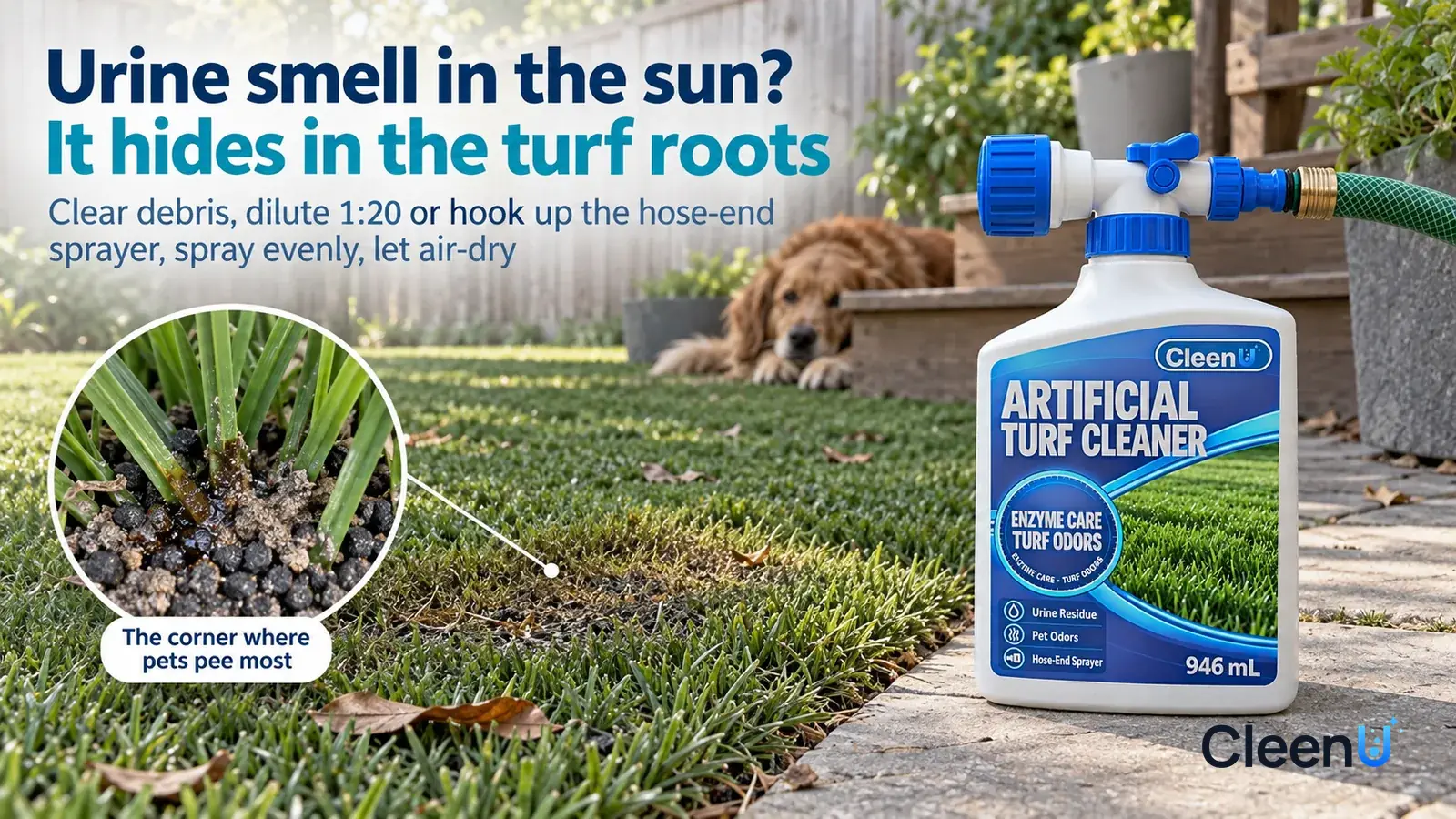 Illustration: CleenU Artificial Turf Cleaner — A home backyard with artificial turf; in the sunlight, a darkened corner of turf with matted blades is clearly visible Headline: "Urine smell in the sun?
