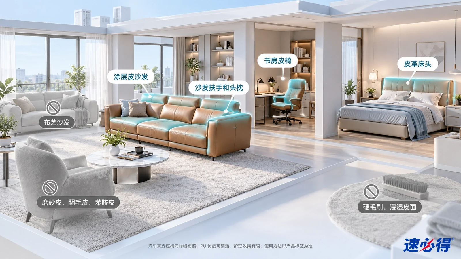 示意图：家居皮沙发、座椅和软包区域被突出显示，旁列材质注意事项。