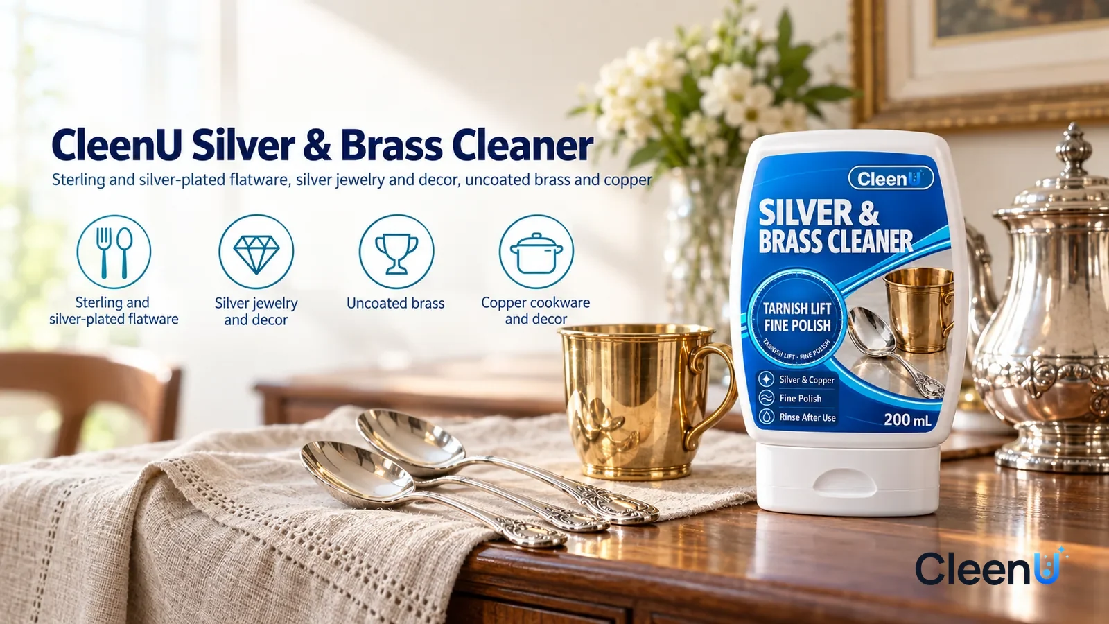 Illustration: CleenU Silver & Brass Cleaner — A bright, warm dining room, a linen cloth on the sideboard with a few polished silver spoons and a shiny brass cup (no brand marks)