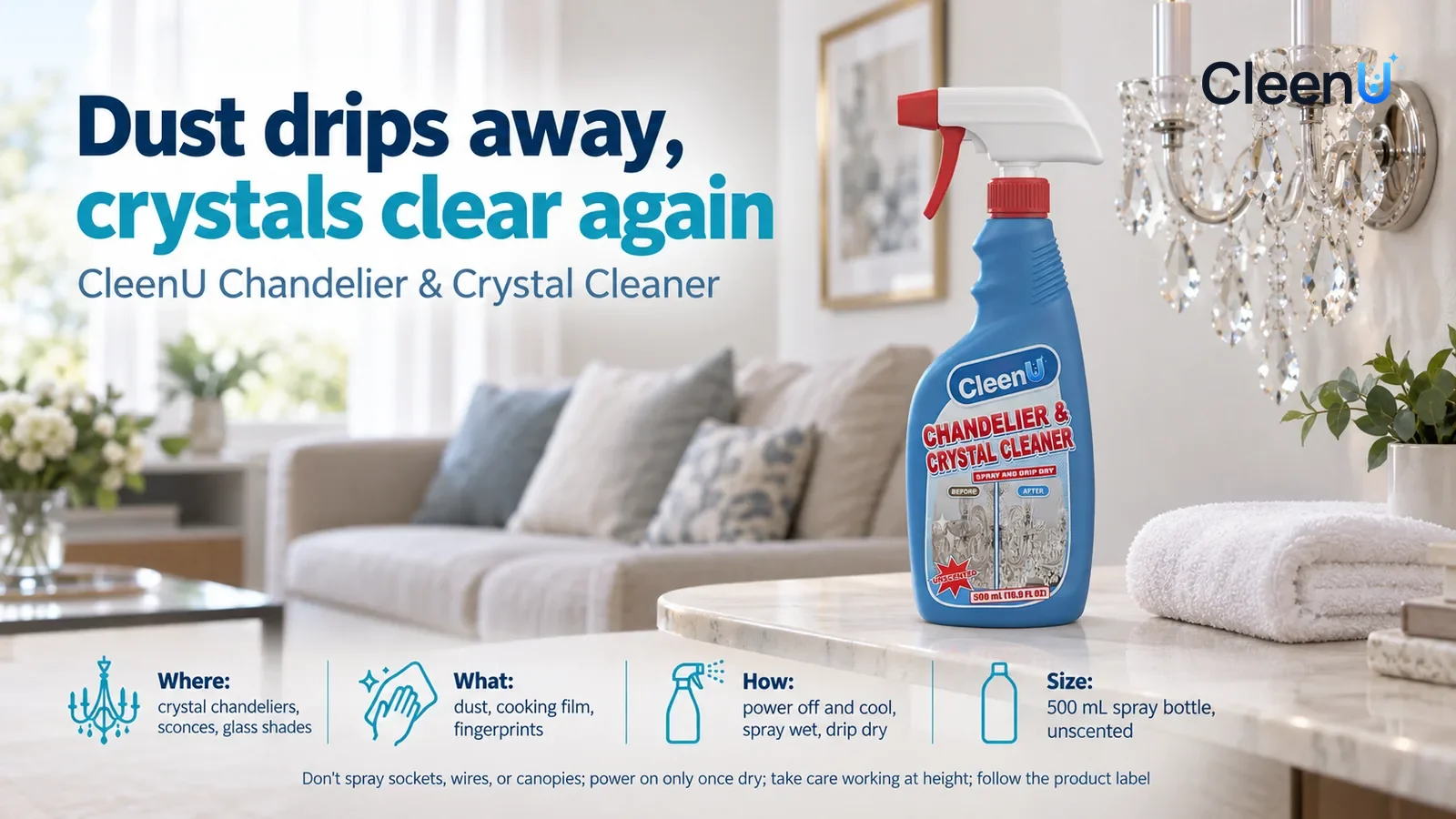 Illustration: CleenU Chandelier & Crystal Cleaner — A bright daytime corner of a living room, a low-angle hero close-up of the product: the product stands on a side table in the right third of Headlin
