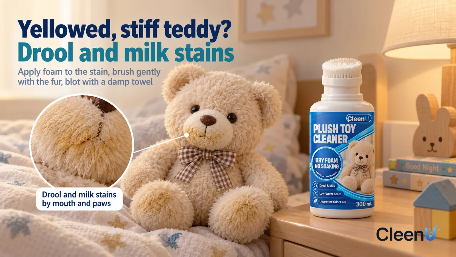 Illustration: CleenU Plush Toy Cleaner — An everyday kids' room, a light beige plush bear (no known character) sitting by the bed; in raking light the fur around its mouth and paws Headline: "Yellowed