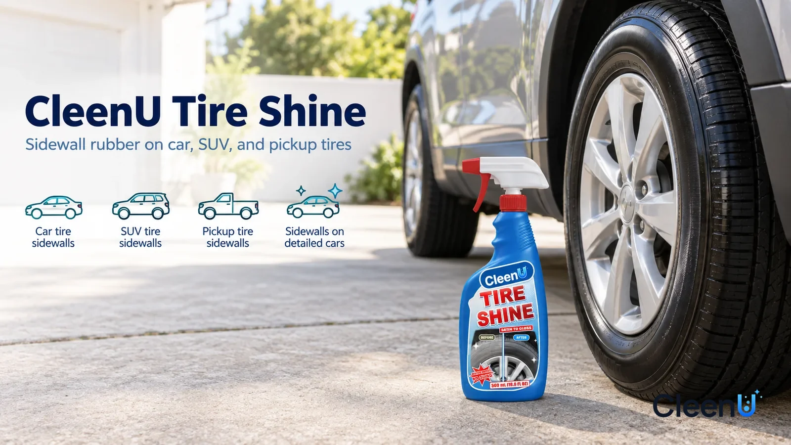 Illustration: CleenU Tire Shine — A bright home driveway, a freshly washed family SUV (no badges, no license plate number)