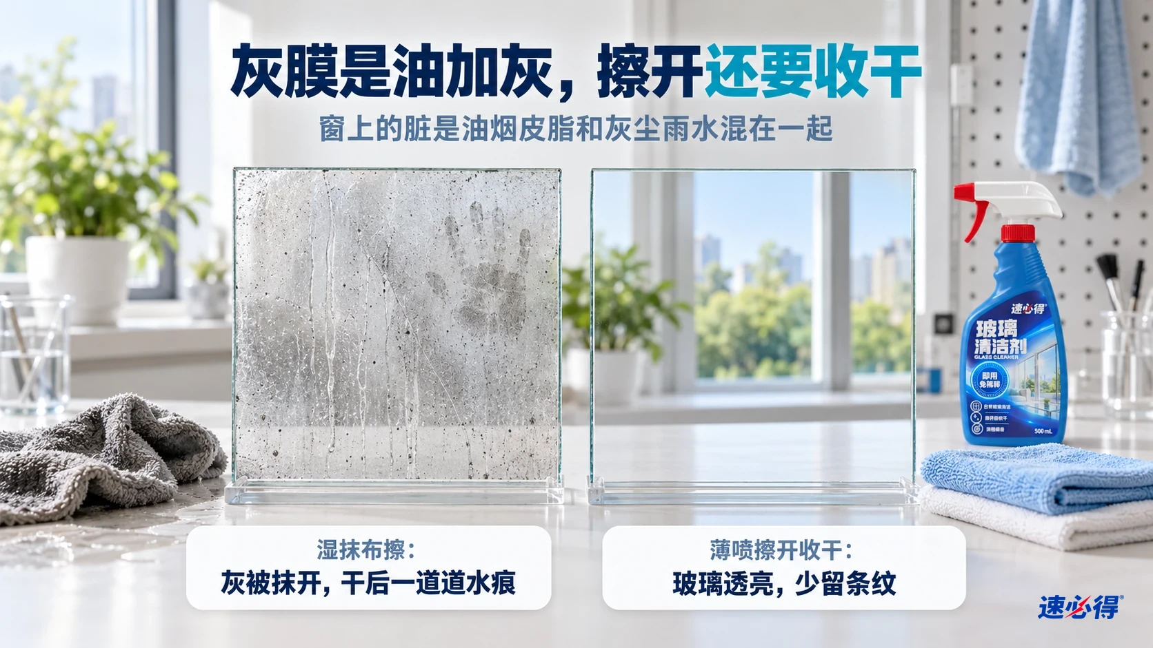 两块玻璃展示灰膜与清洁后的差异，旁边有喷瓶和清洁布；效果示意。