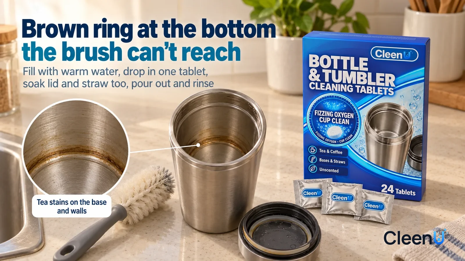 Illustration: CleenU Bottle & Tumbler Cleaning Tablets — An everyday kitchen counter, an open stainless-steel tumbler with no brand marks, its lid set aside; side light falls into the mouth Headline: