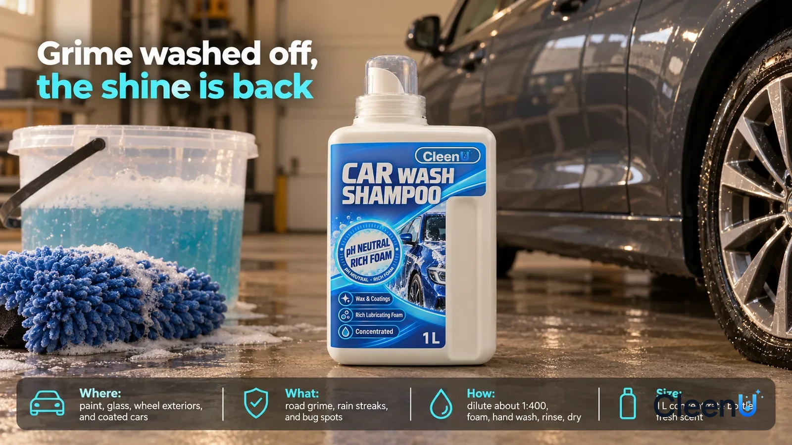 Illustration: CleenU Car Wash Shampoo, measuring cap on, stands centered on the concrete garage floor, a car-wash bucket and a wash mitt beside it, a clean