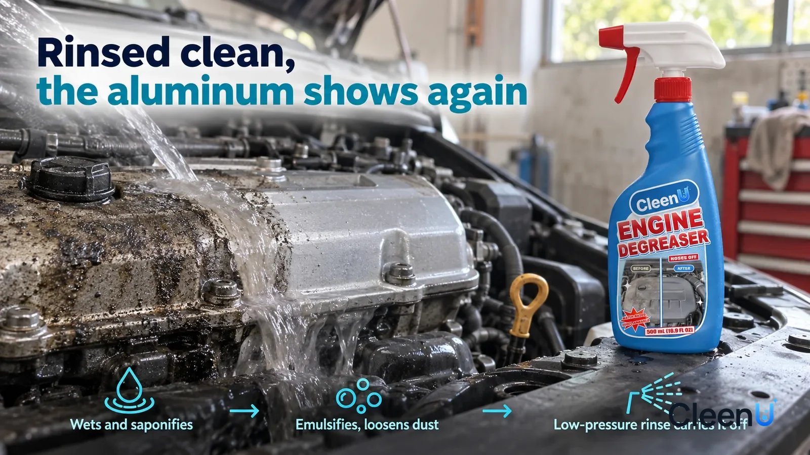 Illustration: CleenU Engine Degreaser — a low-pressure stream of clean water has just rinsed past, milky grey grime running off with the water