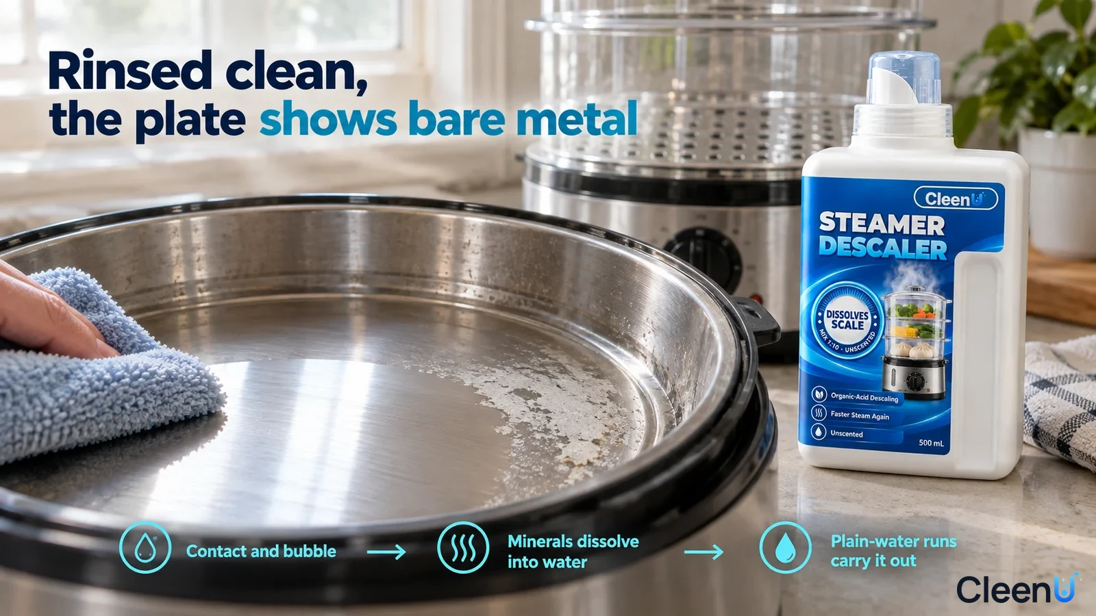 Illustration: A hand wiping a metal steamer heating plate with a blue-gray cloth beside a white descaler bottle.