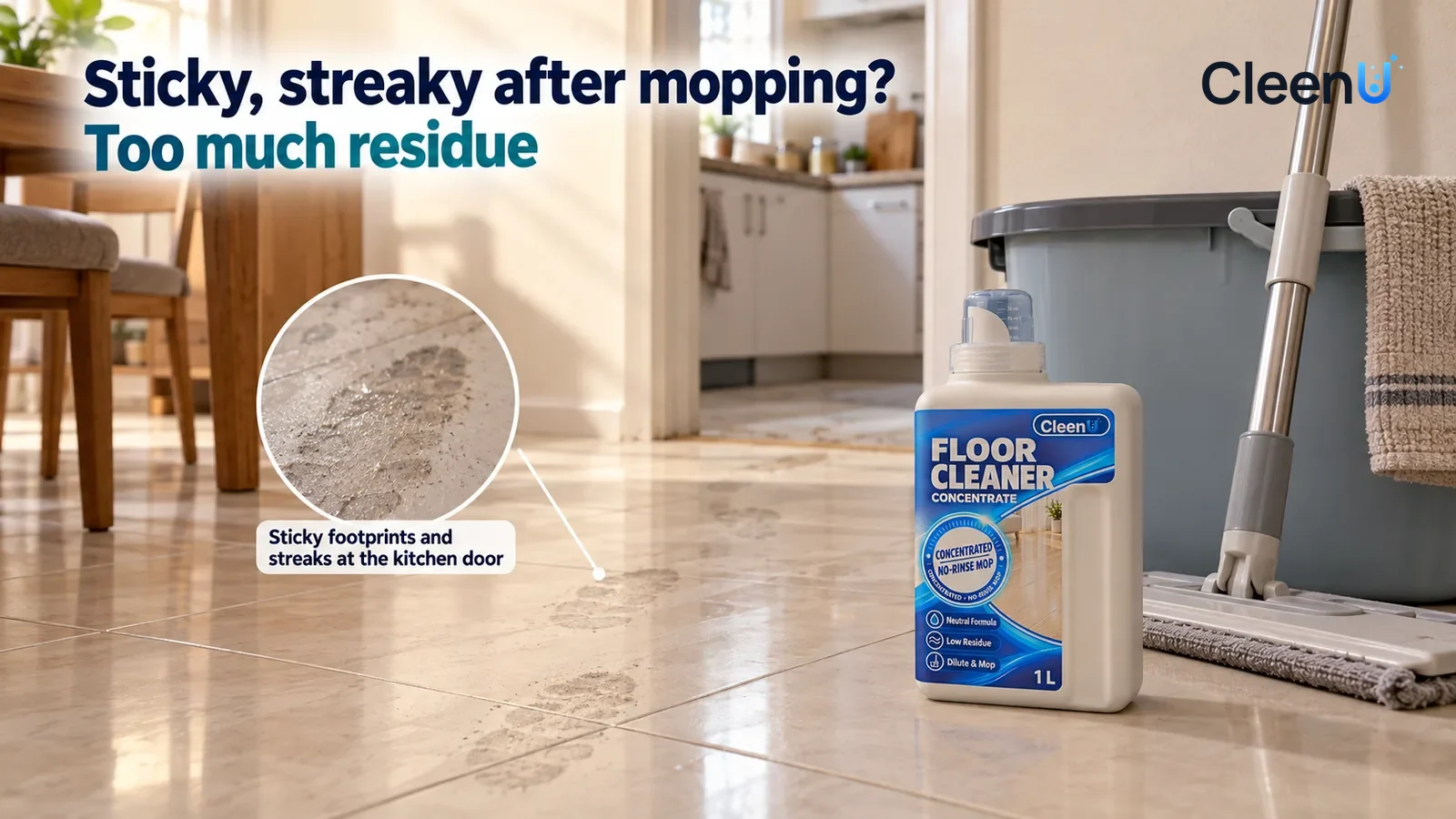Illustration: CleenU Floor Cleaner Concentrate — Looking from the dining area toward the kitchen doorway, afternoon side light from a window across the light tile floor: a trail of grey foo