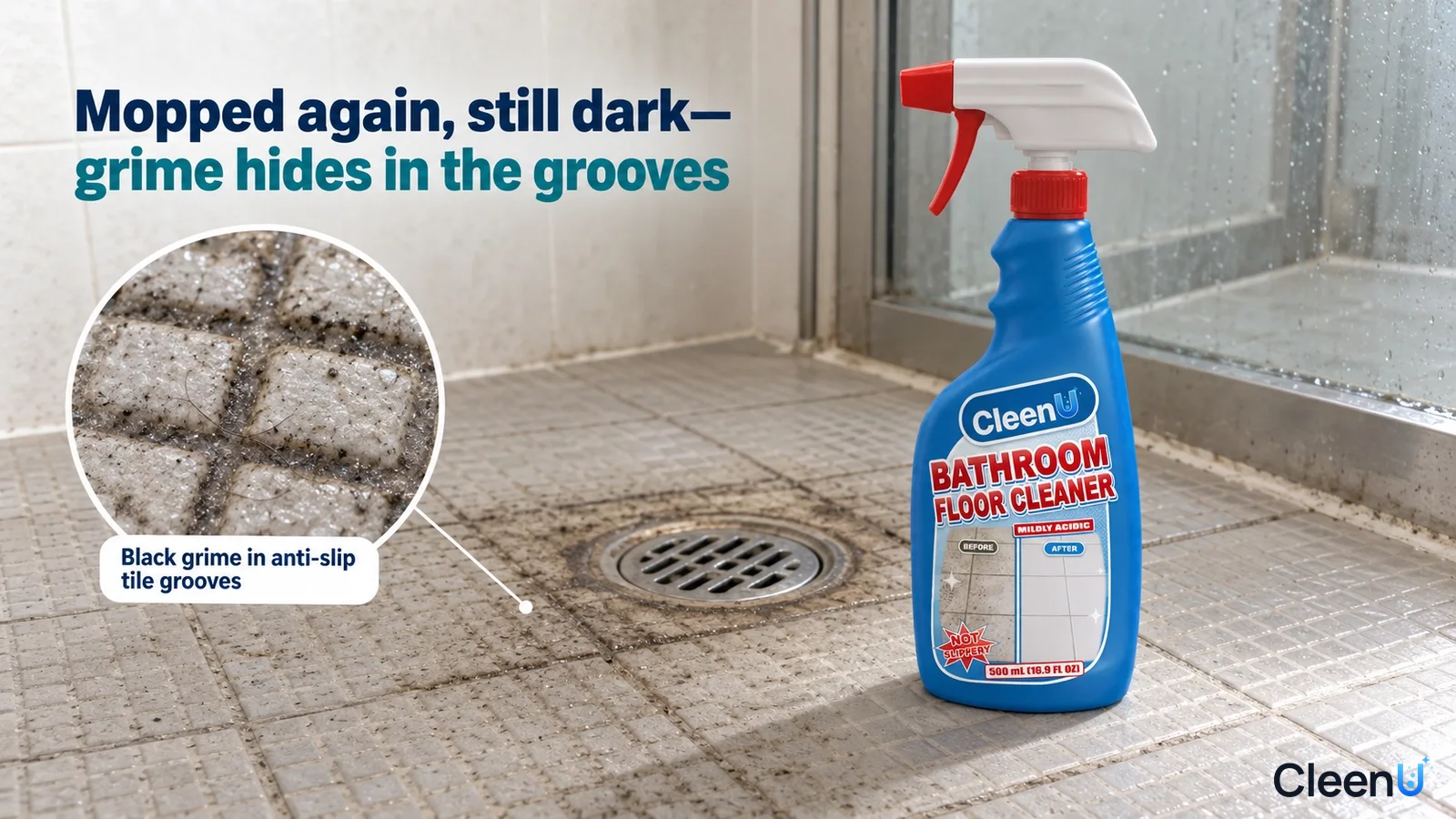 Illustration of dark grime in bathroom tile grooves near a floor drain beside a blue cleaner bottle.