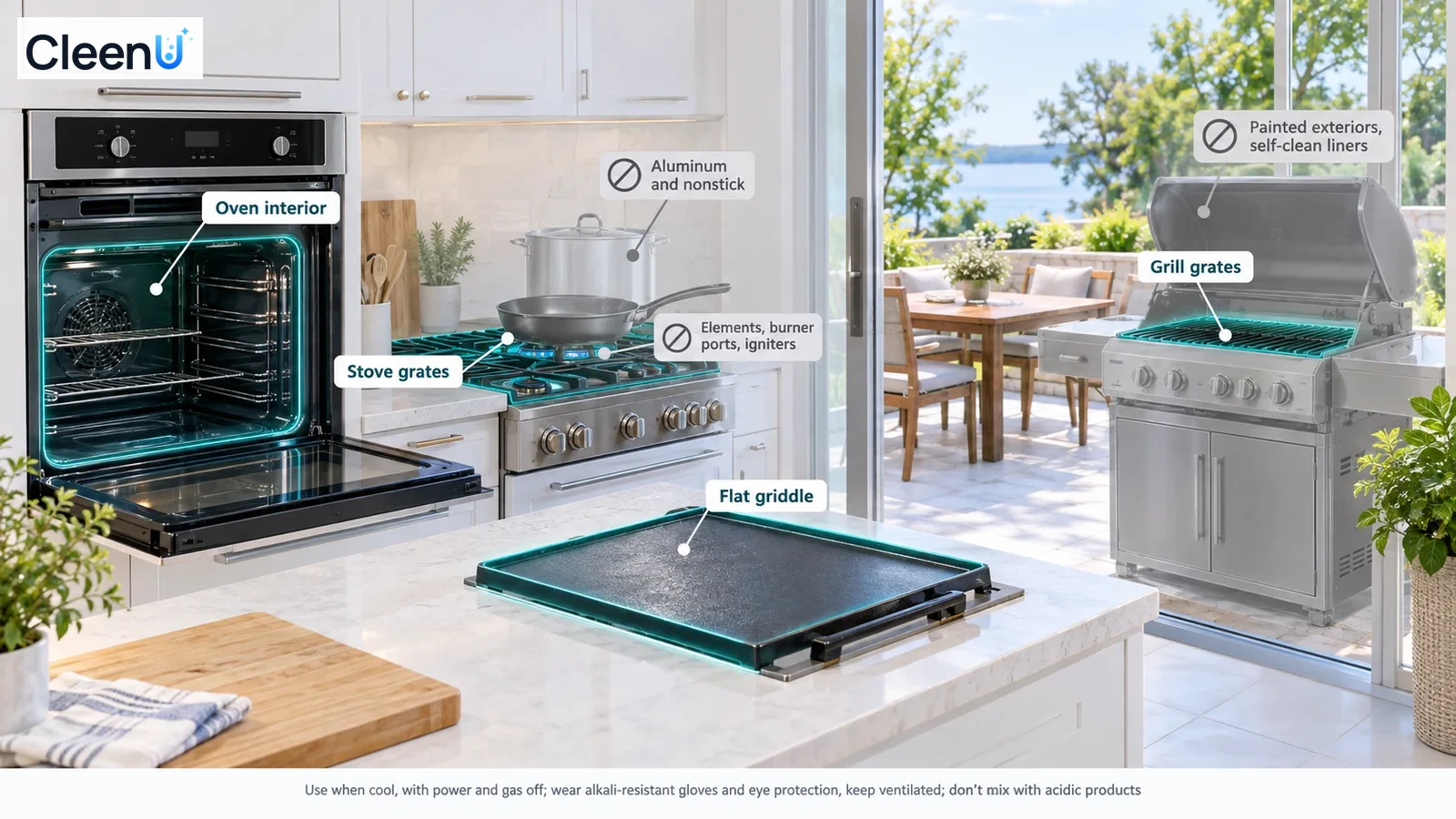 Illustration: Highlighted oven, trays, stovetop grates and outdoor grill beside component precautions.
