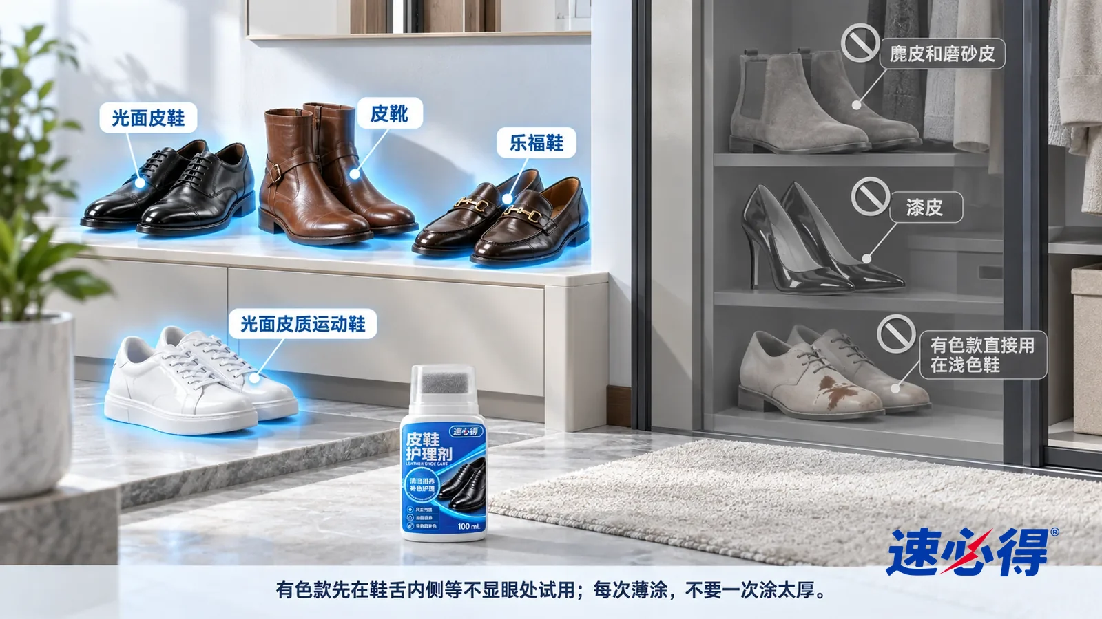 示意图:速必得皮鞋护理剂——一张写实 3D 剖面实景图,一套明亮的家的玄关和卧室衣帽间区域,连续空间、一个视角,黑色光面皮鞋、棕色皮靴