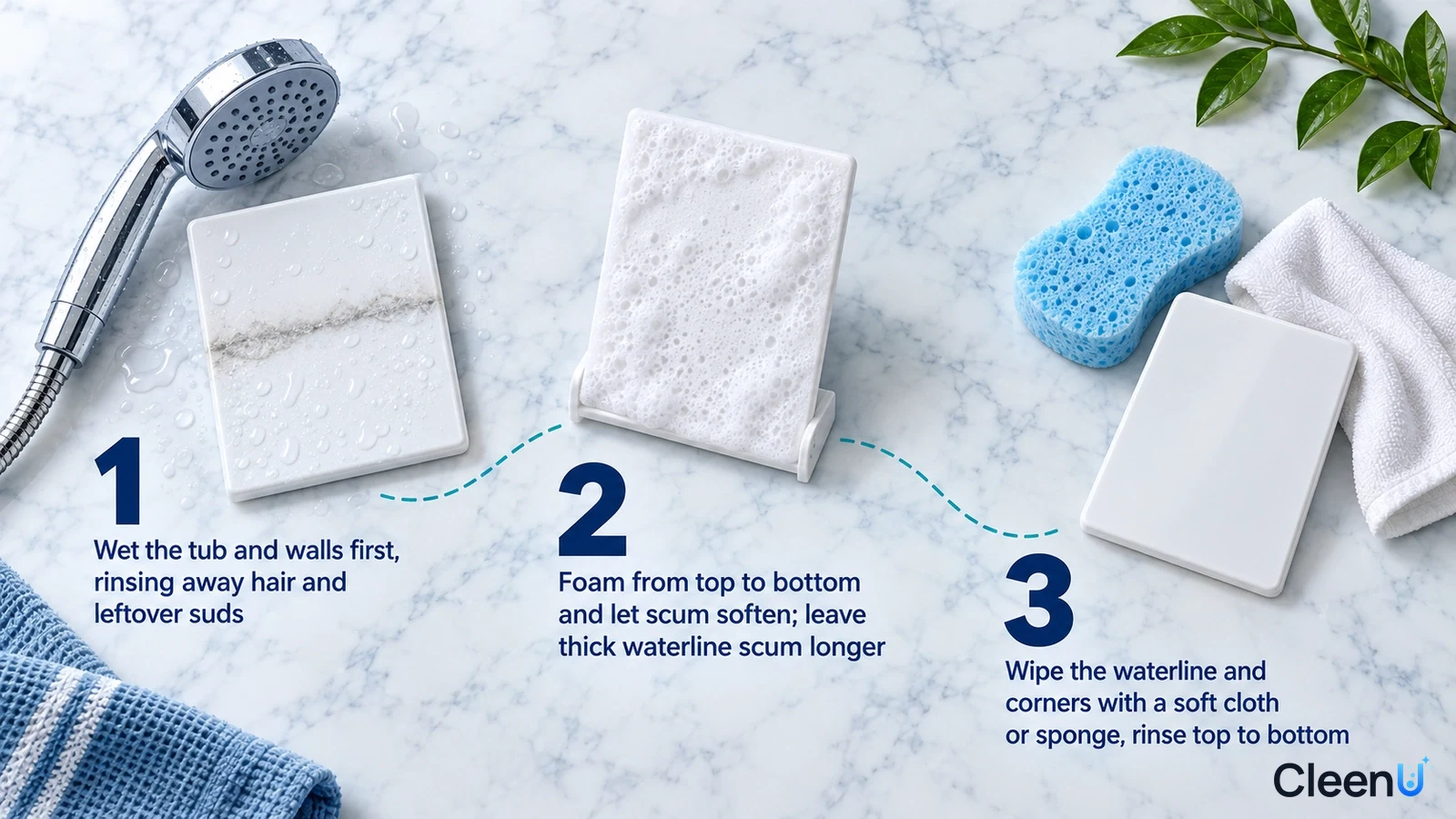 Illustration: A handheld shower head, surface samples, blue sponge and white cloth with numbered steps.