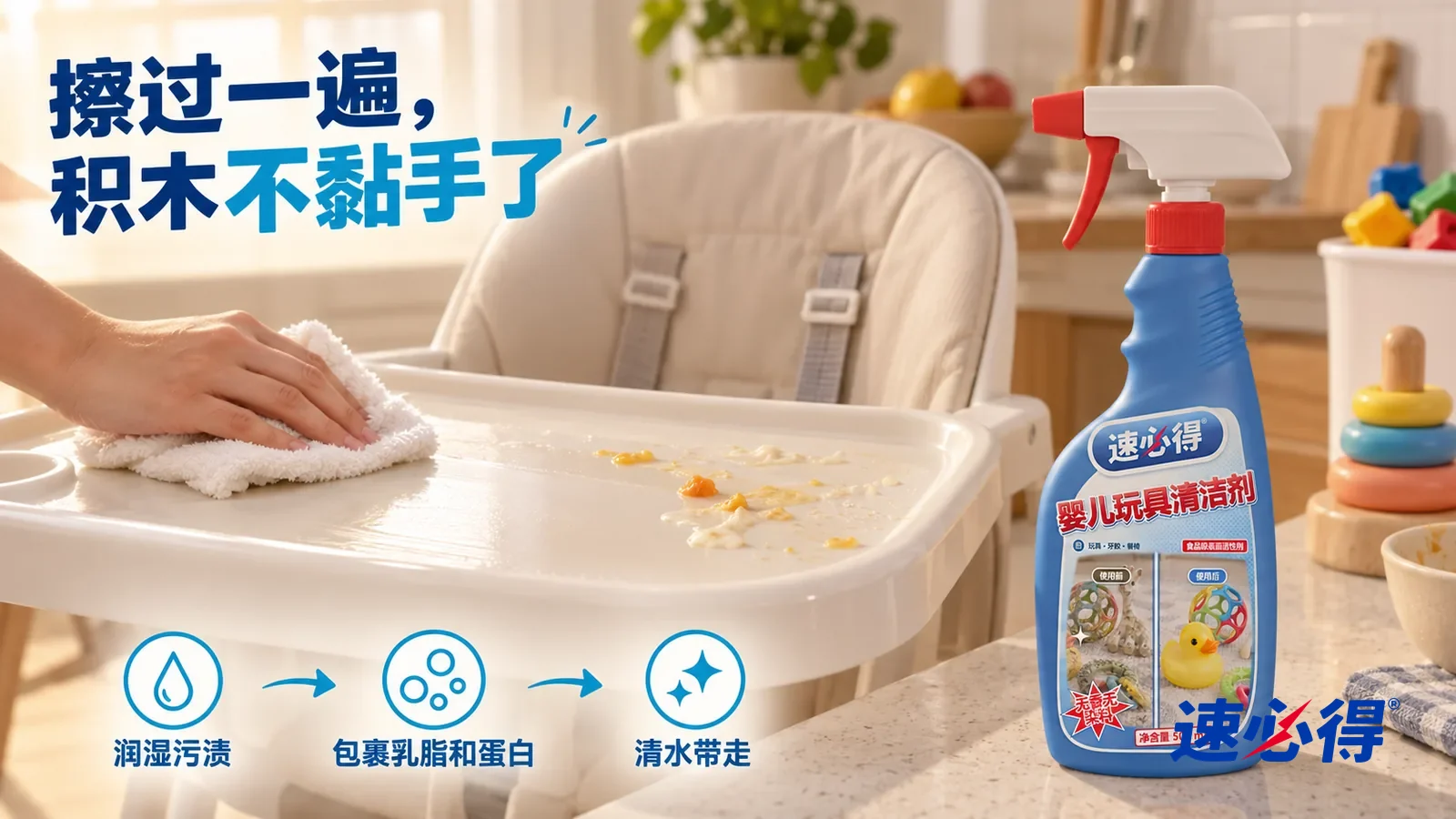 示意图：速必得婴儿玩具清洁剂——厨房一角的一张儿童餐椅（无品牌标志），白色塑料托盘的低角度近景：一只手正拿着白色软布擦托盘，擦过的一道干净光洁