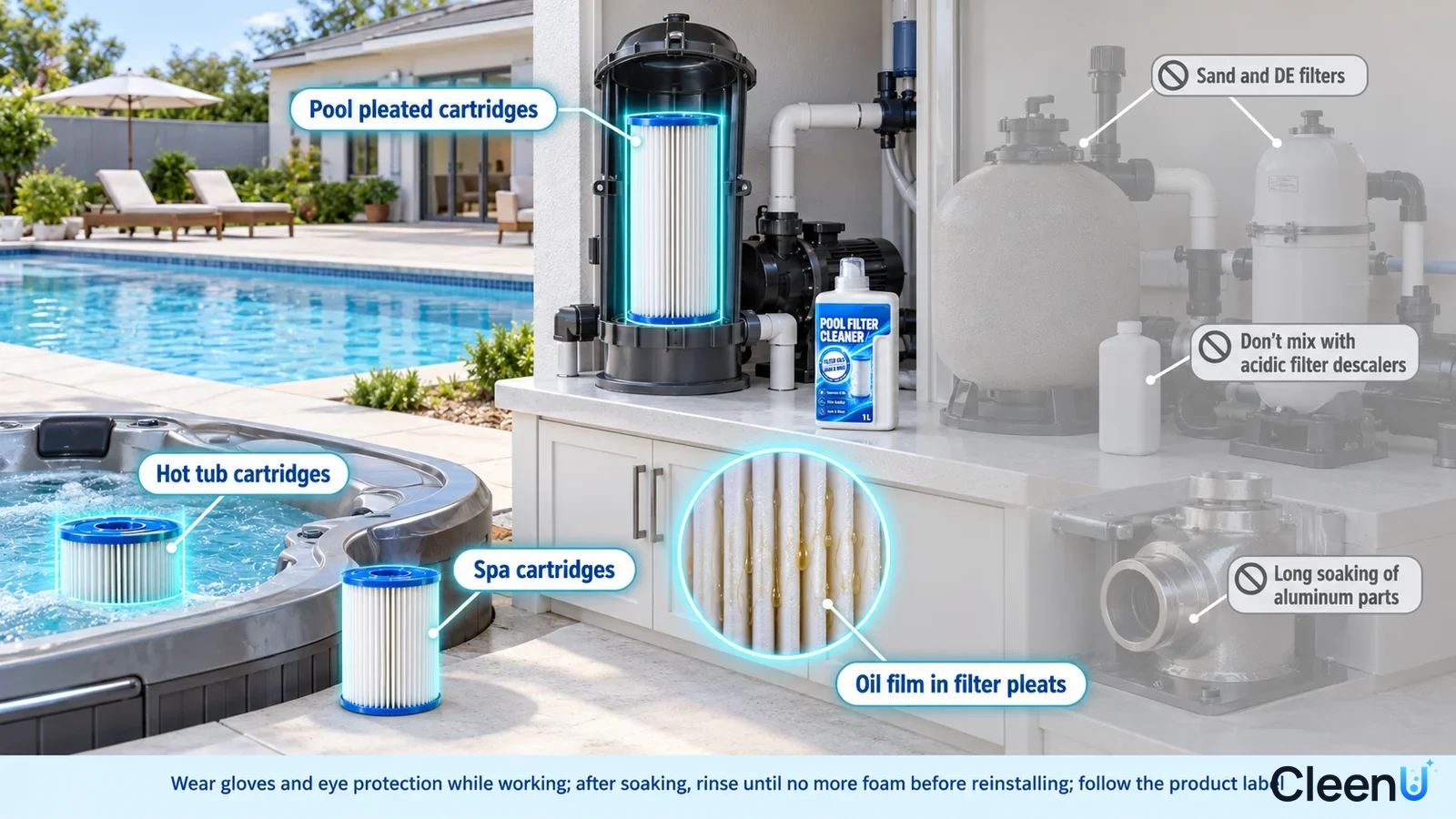 Illustration: Highlighted pool and spa cartridge-filter equipment beside filter-media and equipment precautions.