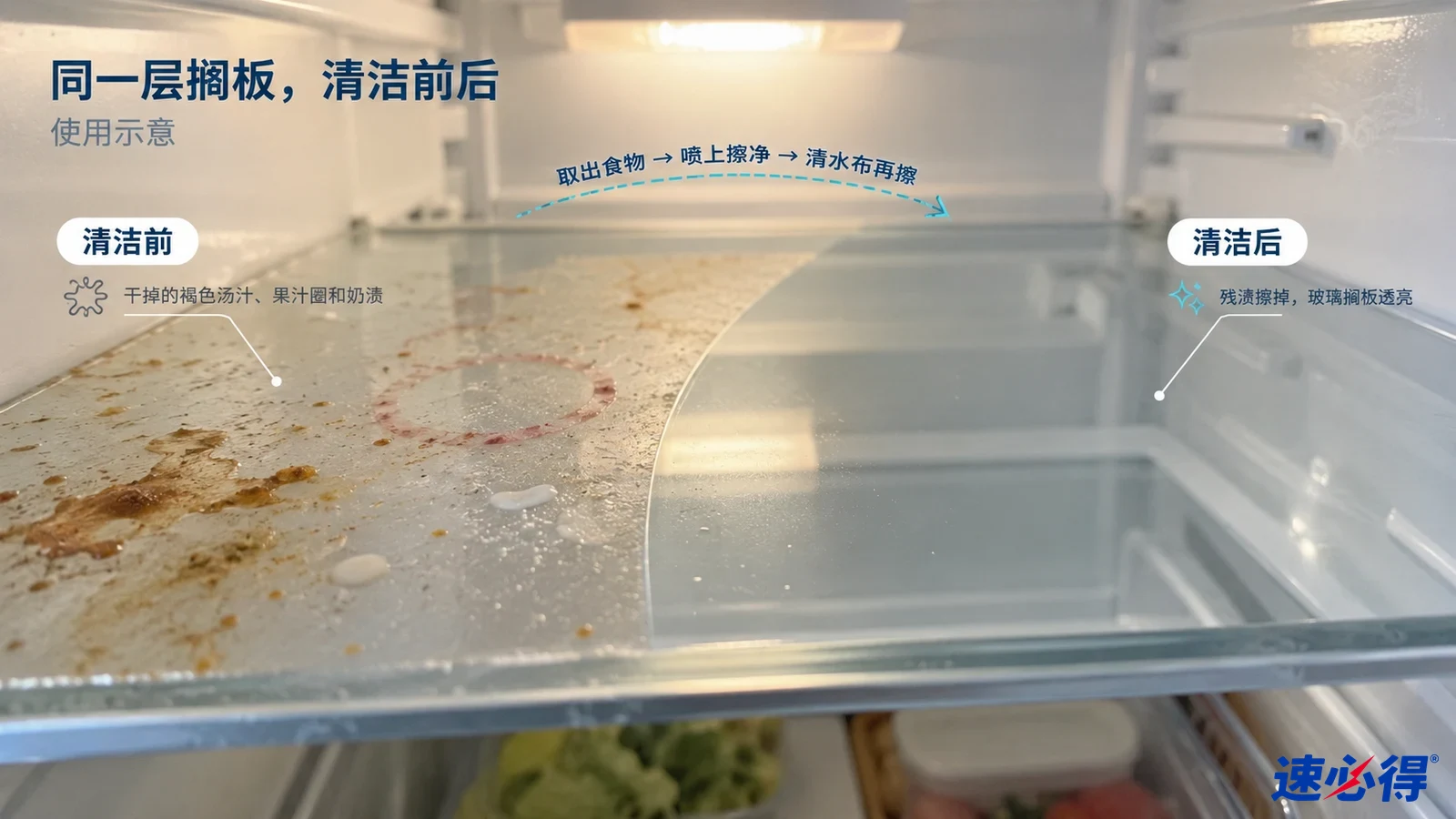 示意图：冰箱玻璃搁板的残渍区域与较透明区域对照，非实测照片。