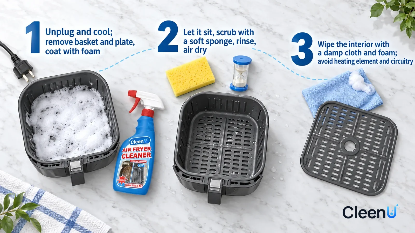 Illustration: CleenU Air Fryer Cleaner — an overhead shot straight down onto a light marble tabletop, no bottle and no hands: (1) an unplugged air fryer power plug and a removed dar