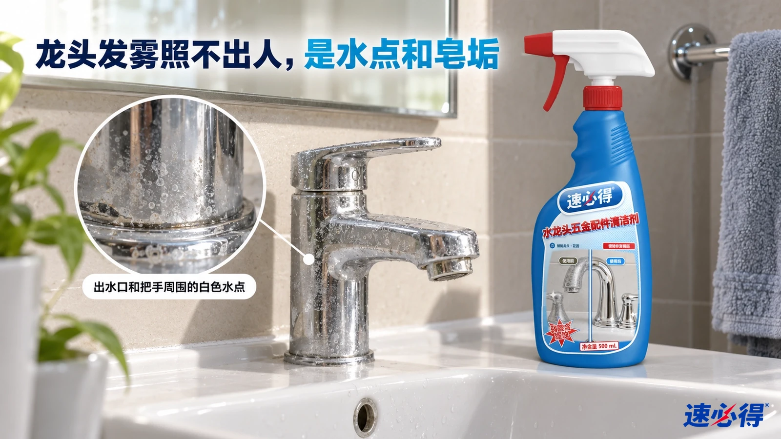 示意图：浴室镀铬水龙头上有白色水斑，蓝色清洁剂喷瓶摆在洗手台旁。