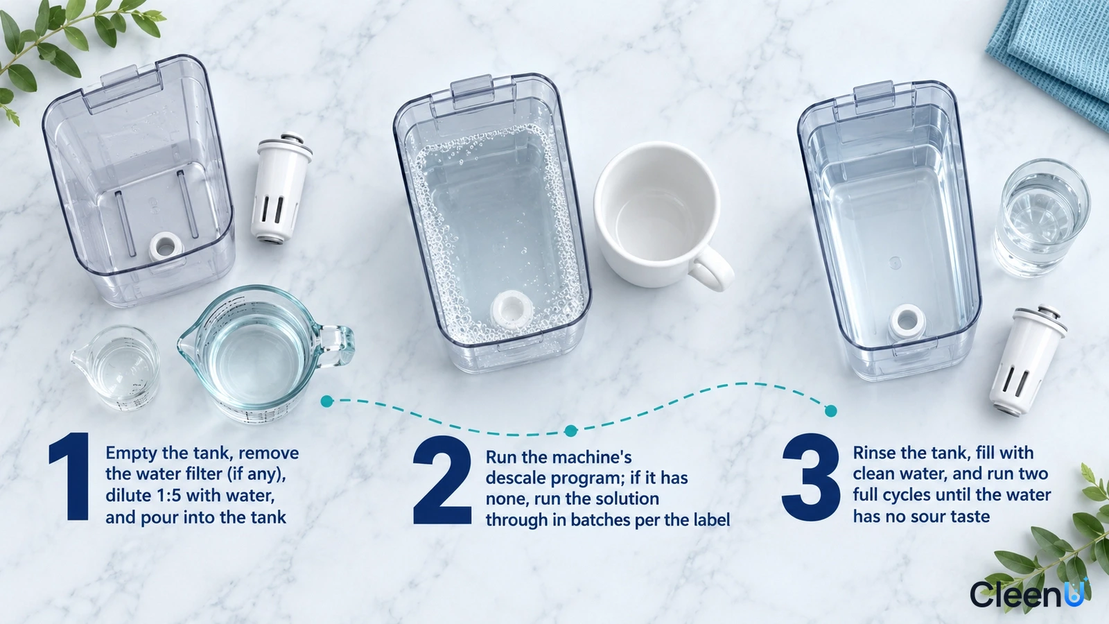 Illustration: Clear water tanks, measuring vessels, a white cup and water with numbered steps.