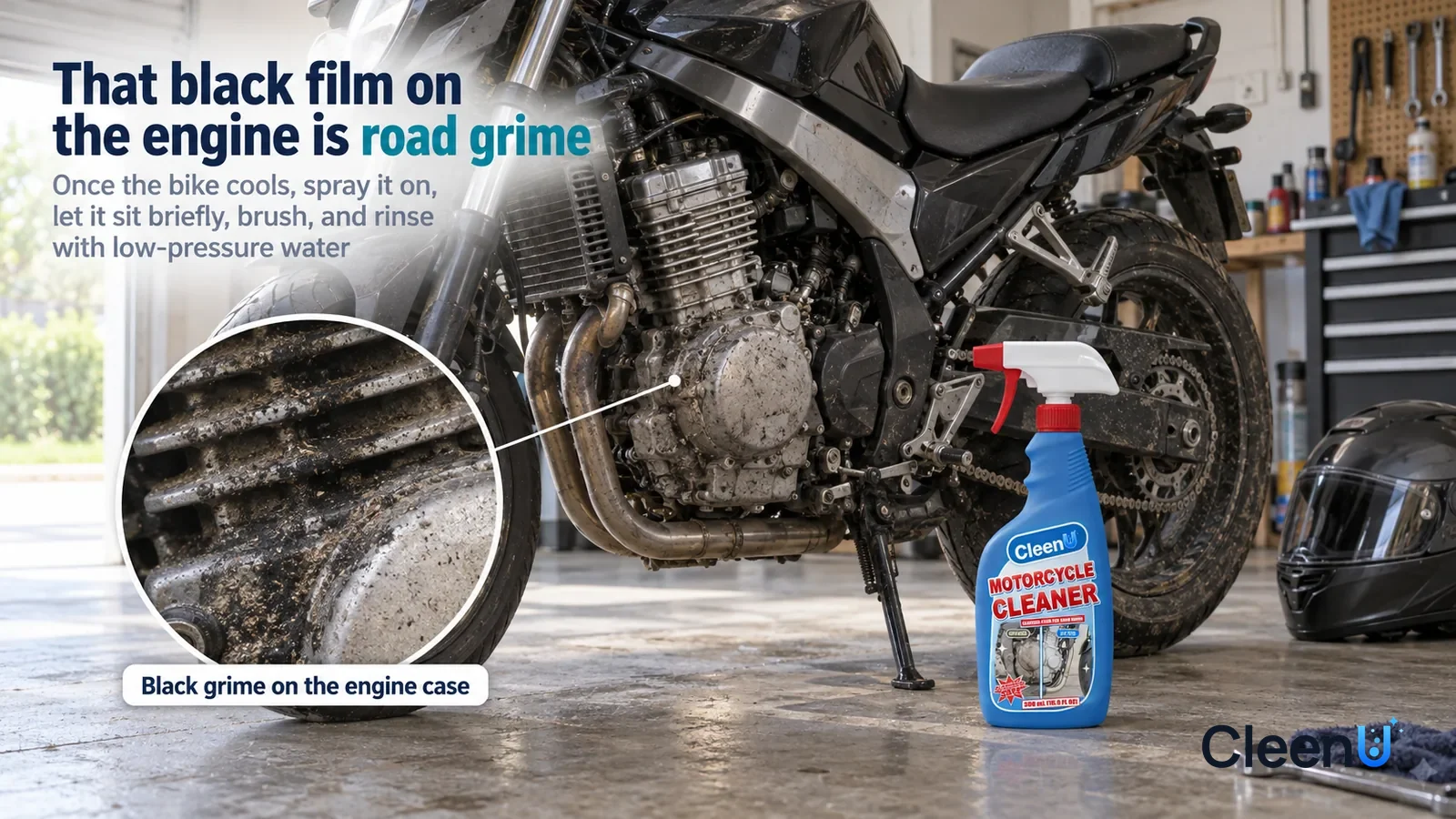 Illustration: CleenU Motorcycle Cleaner — An everyday home garage, a street bike (no logos, no plate, no lettering) parked on the concrete floor Headline: "That black film on the engine is road grime"