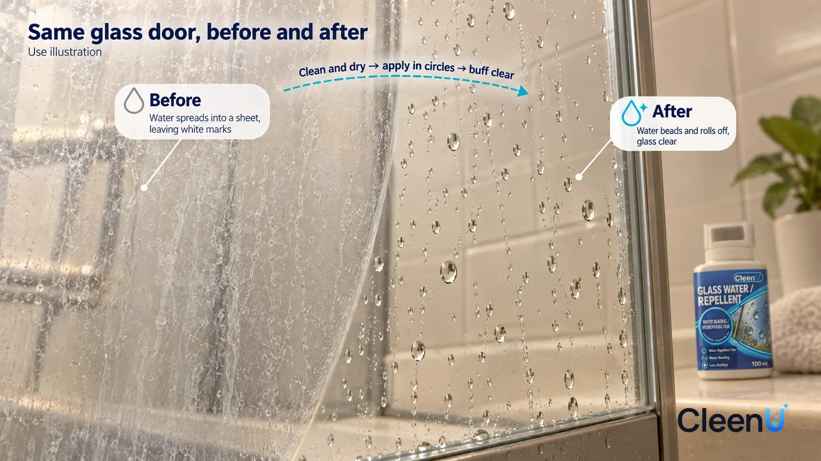 Illustration: CleenU Glass Water Repellent — A full-screen low-angle close-up of a clear glass shower door in the same raking light: the untreated side has water spread in sheets with d