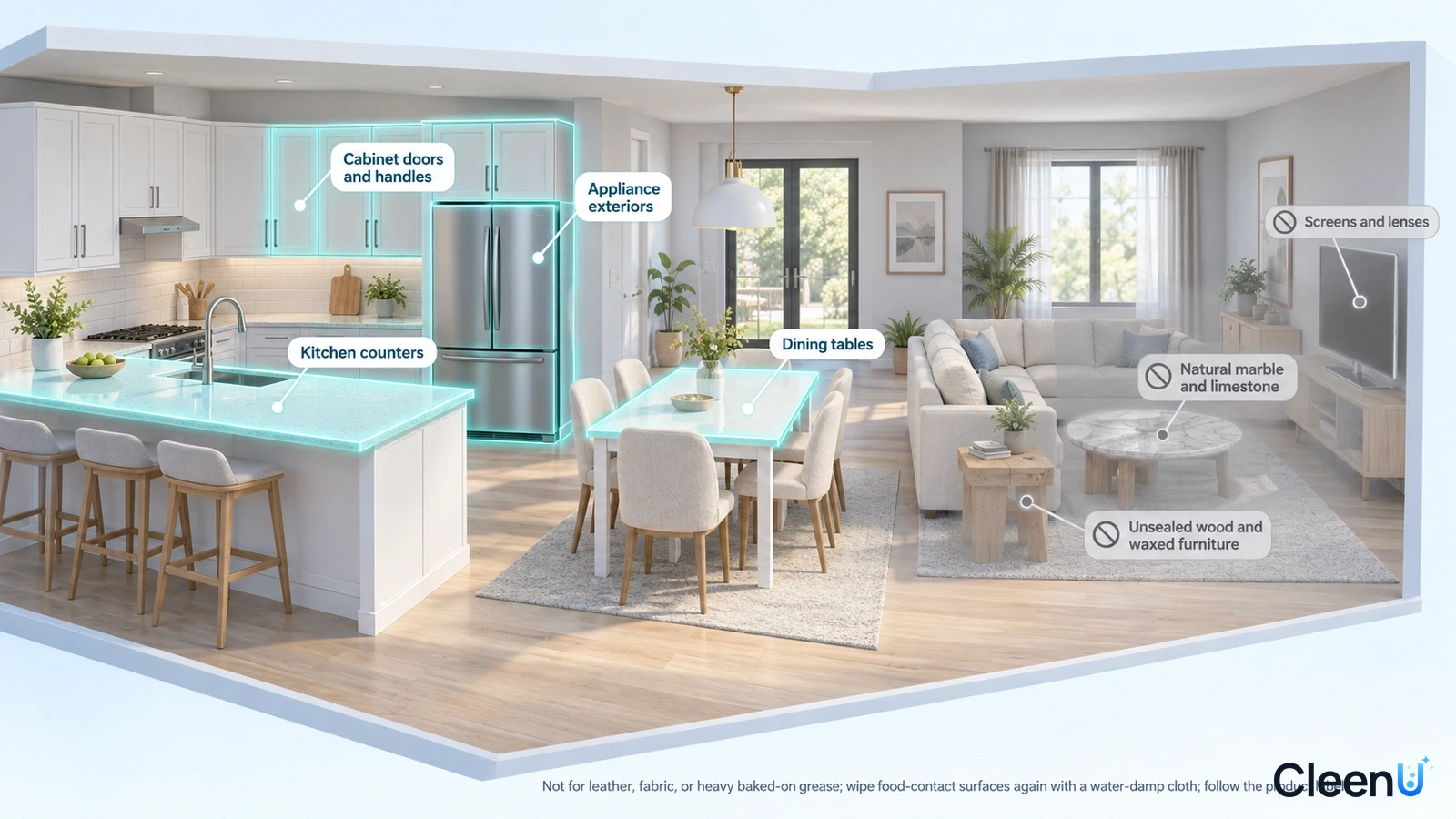 Illustration: Highlighted kitchen counters, dining table and refrigerator exterior beside material precautions.