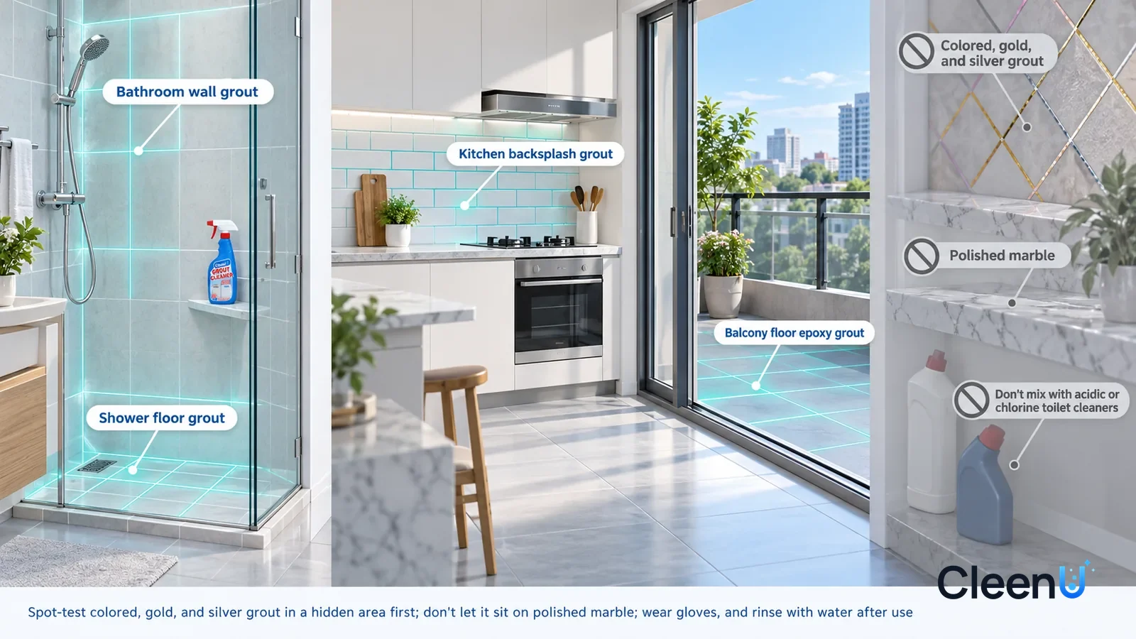 Illustration: CleenU Grout Cleaner & Restorer — A realistic 3D cutaway of a bright home's bathroom, kitchen, and balcony, one continuous space from one viewpoint