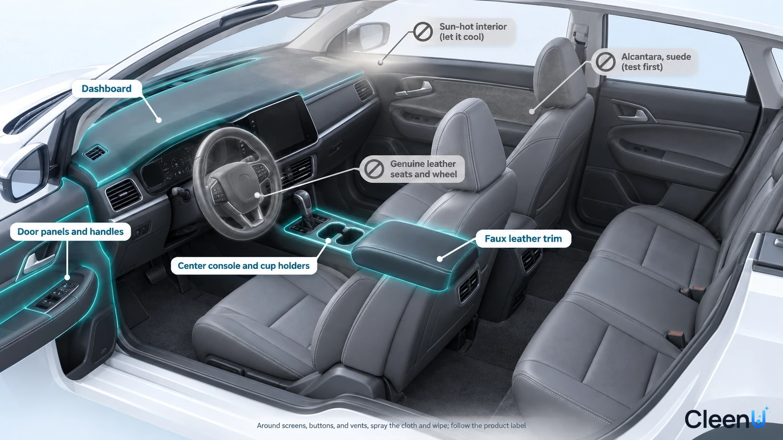 Illustration: Highlighted dashboard, door panels, console and armrest areas beside precautions for screens and other components.
