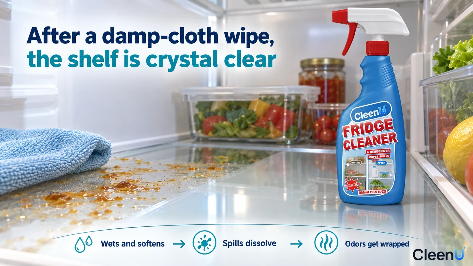 Illustration: A blue cloth beside brown spills on a refrigerator glass shelf and a blue cleaner bottle.