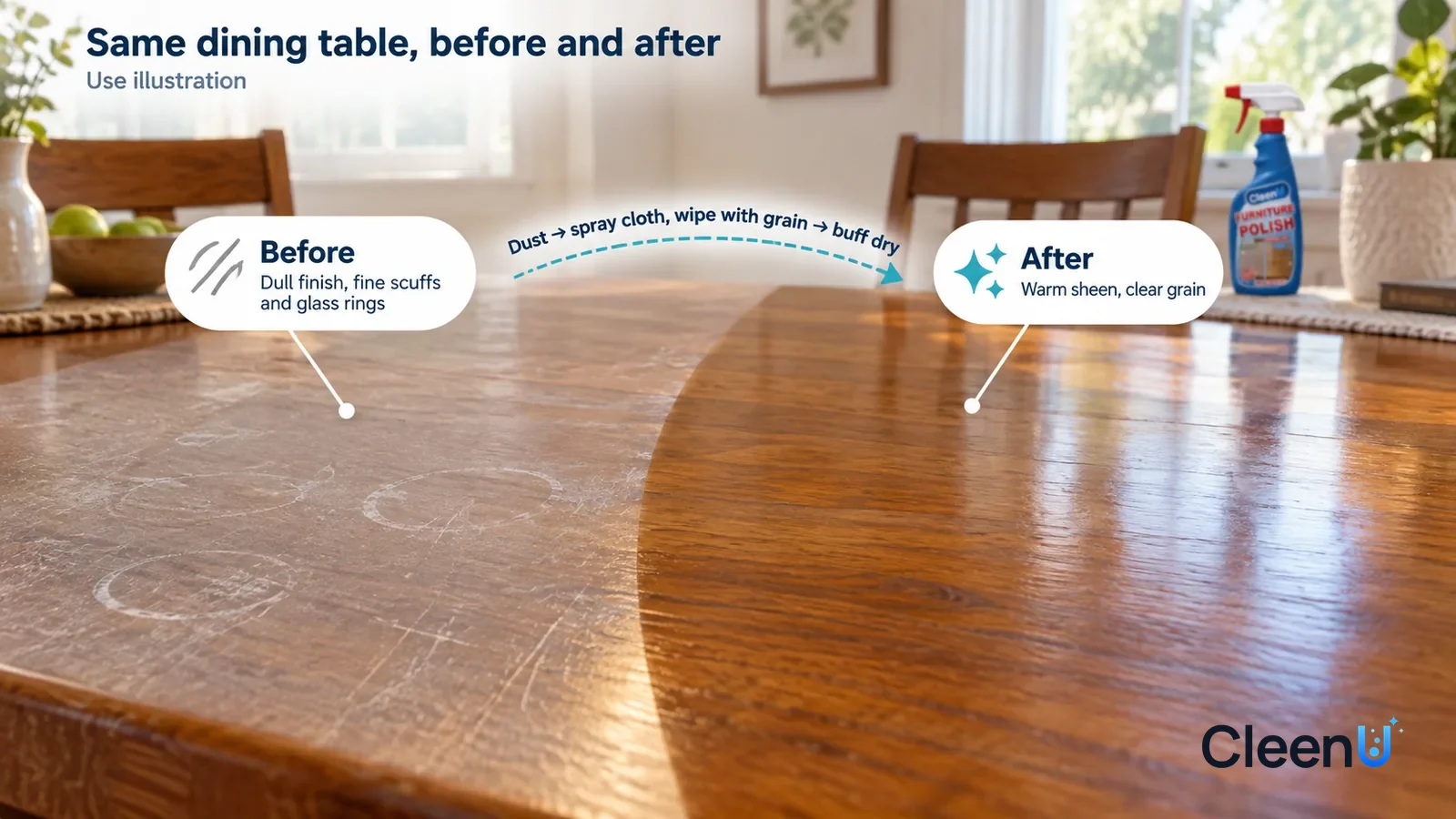 Illustration: CleenU Furniture Polish — A full-screen low-angle close-up of a solid-wood dining tabletop in the same side light, no bottle: the untreated side looks dull and hazy