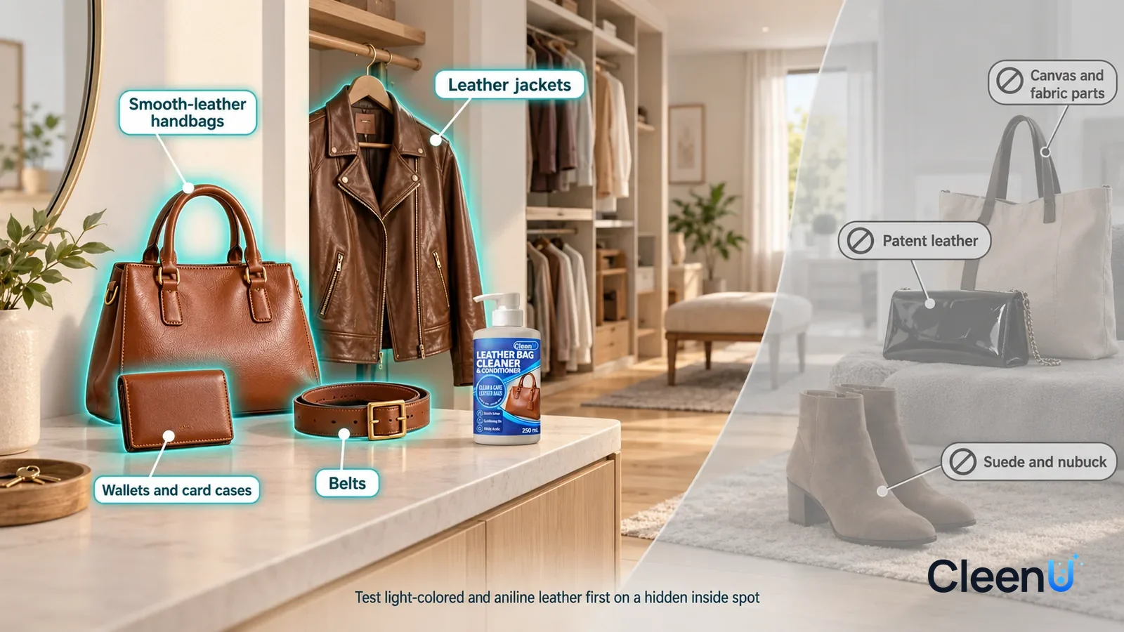 Illustration: CleenU Leather Bag Cleaner & Conditioner — A realistic 3D cutaway of a bright home's entryway, bedroom, and walk-in closet, one continuous space from one viewpoint