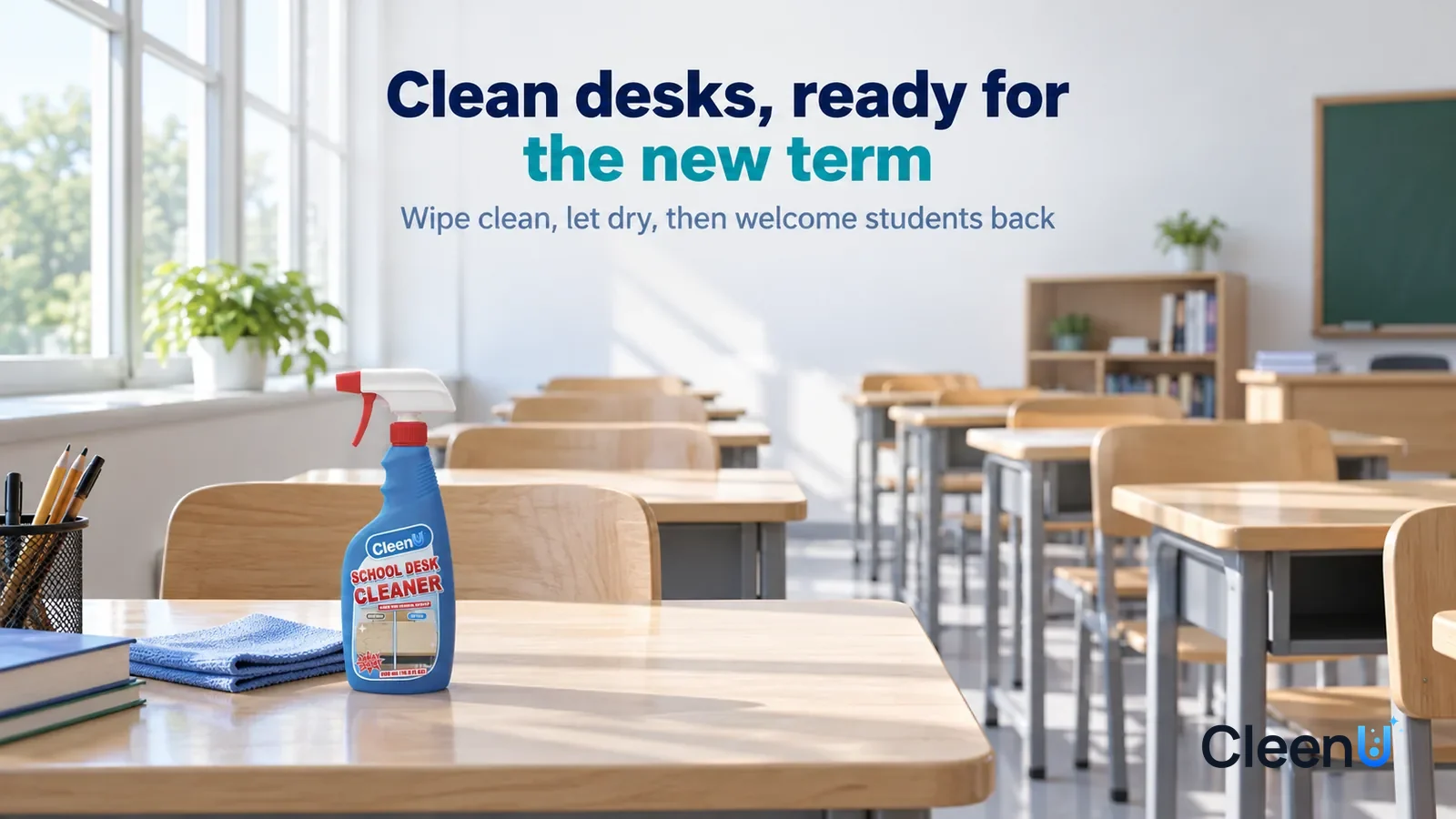 Illustration: CleenU School Desk Cleaner — A bright early-morning empty classroom, rows of clean light wood-grain desks and chairs neatly arranged Headline: "Clean desks, ready for the new term"