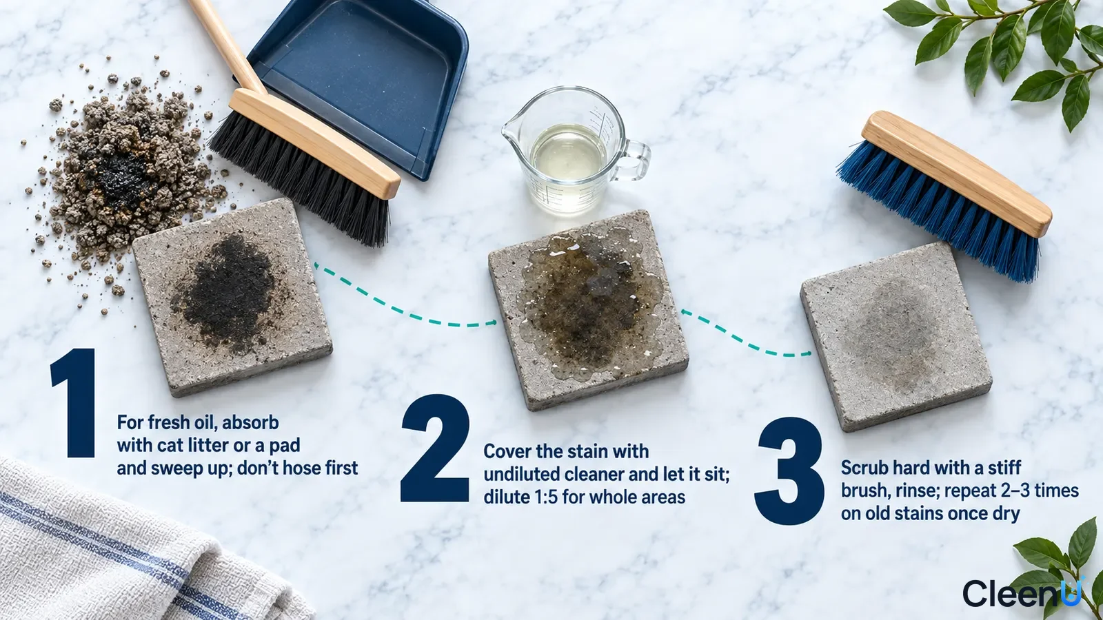 Illustration: Absorbent granules, dustpan, oil-stained concrete samples and brush with numbered steps.