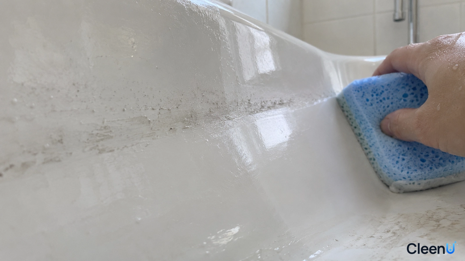 Illustration: Close-up of a hand wiping gray soap scum from a white bathtub wall with a blue sponge.