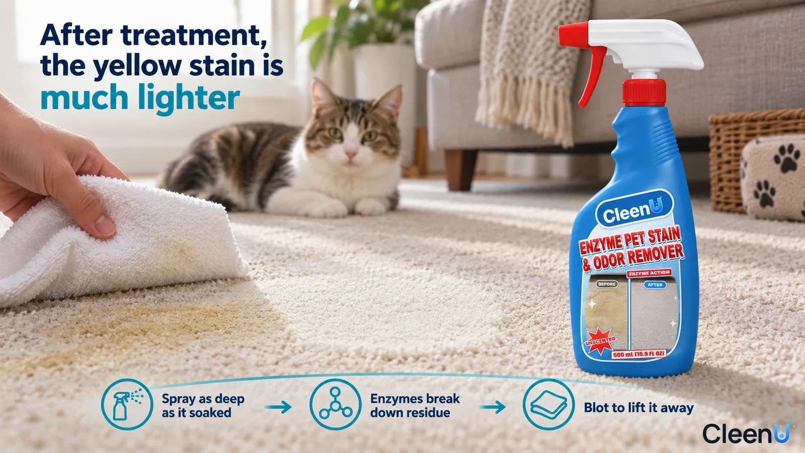 Illustration: A hand blotting a yellow mark on a light carpet with a white cloth beside a cat and blue bottle.