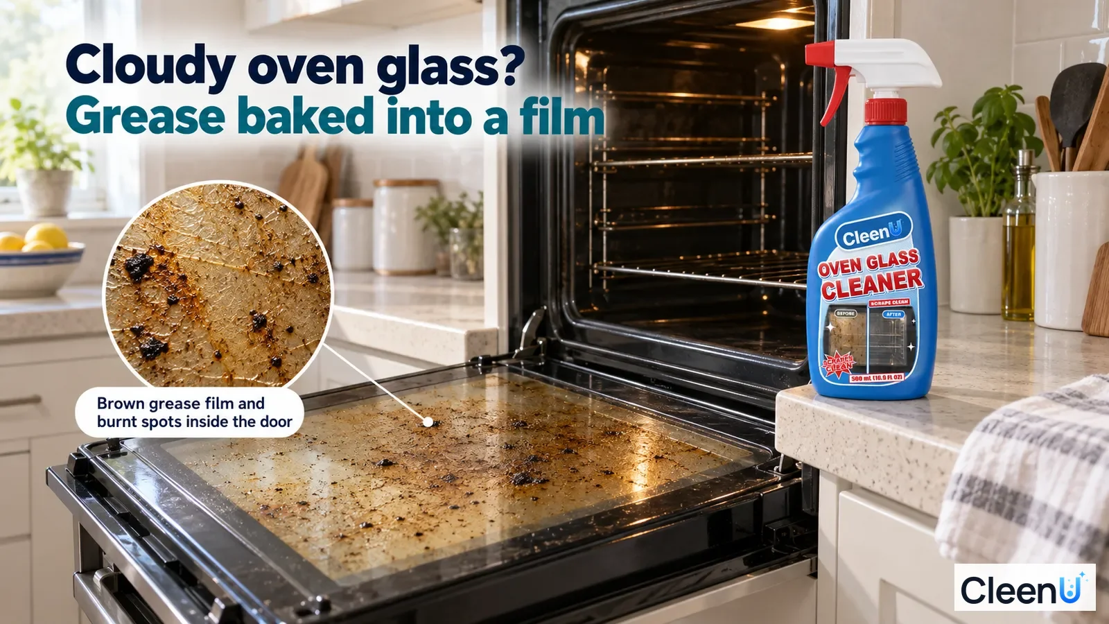 Illustration: Brown baked-on grease on an open oven glass door beside a blue cleaner bottle.