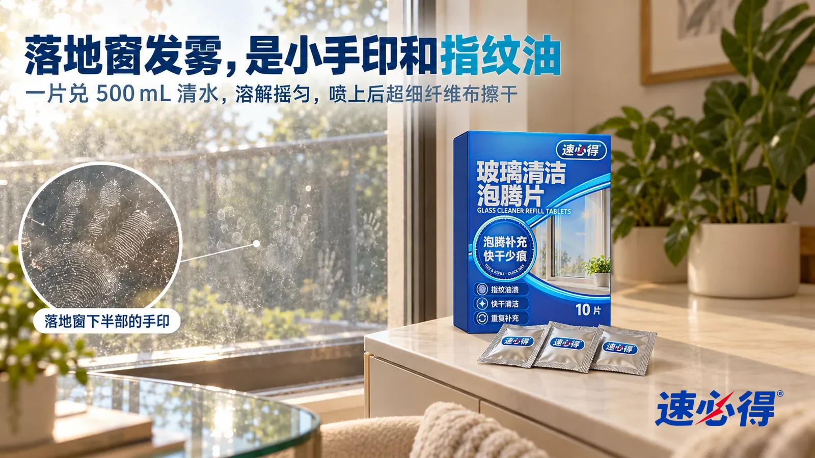 示意图:速必得玻璃清洁泡腾片——一个家常客厅,一扇落地窗朝着窗外的绿树,逆光下窗户内侧下半部一片孩子的小手印和指纹油渍清楚可见,标题“落地窗发雾,是小手印和指纹油”