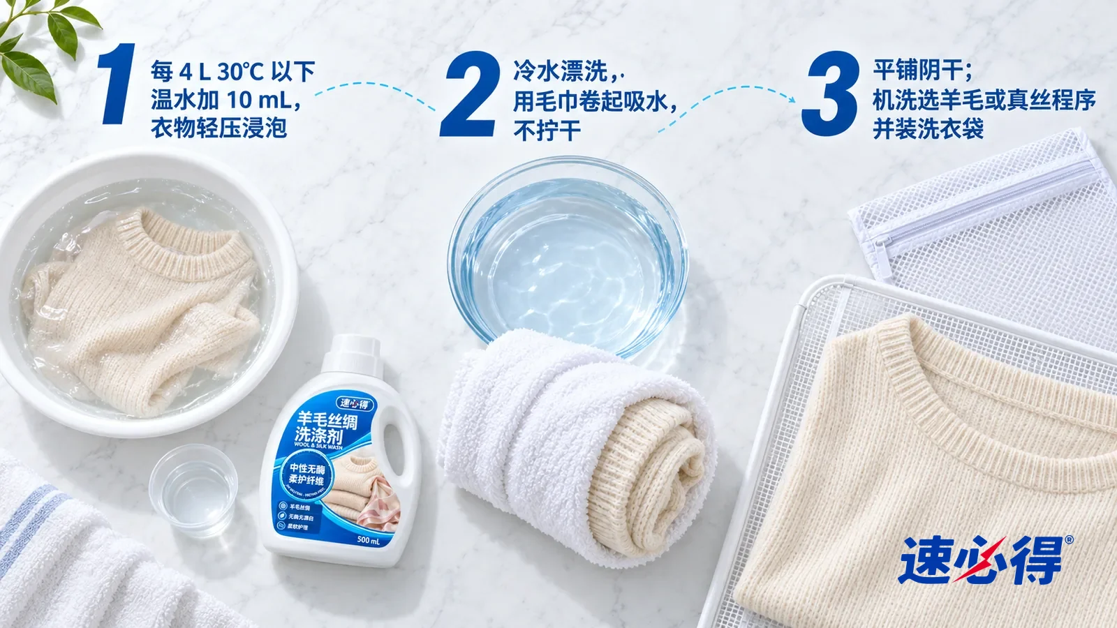 示意图:速必得羊毛丝绸洗涤剂——① 一只盛着温水的白色洗衣盆、一只盛着少量透明液体的小号透明量杯和一件叠好的米白羊绒衫;② 一条白色毛巾卷着一件米白羊绒衫